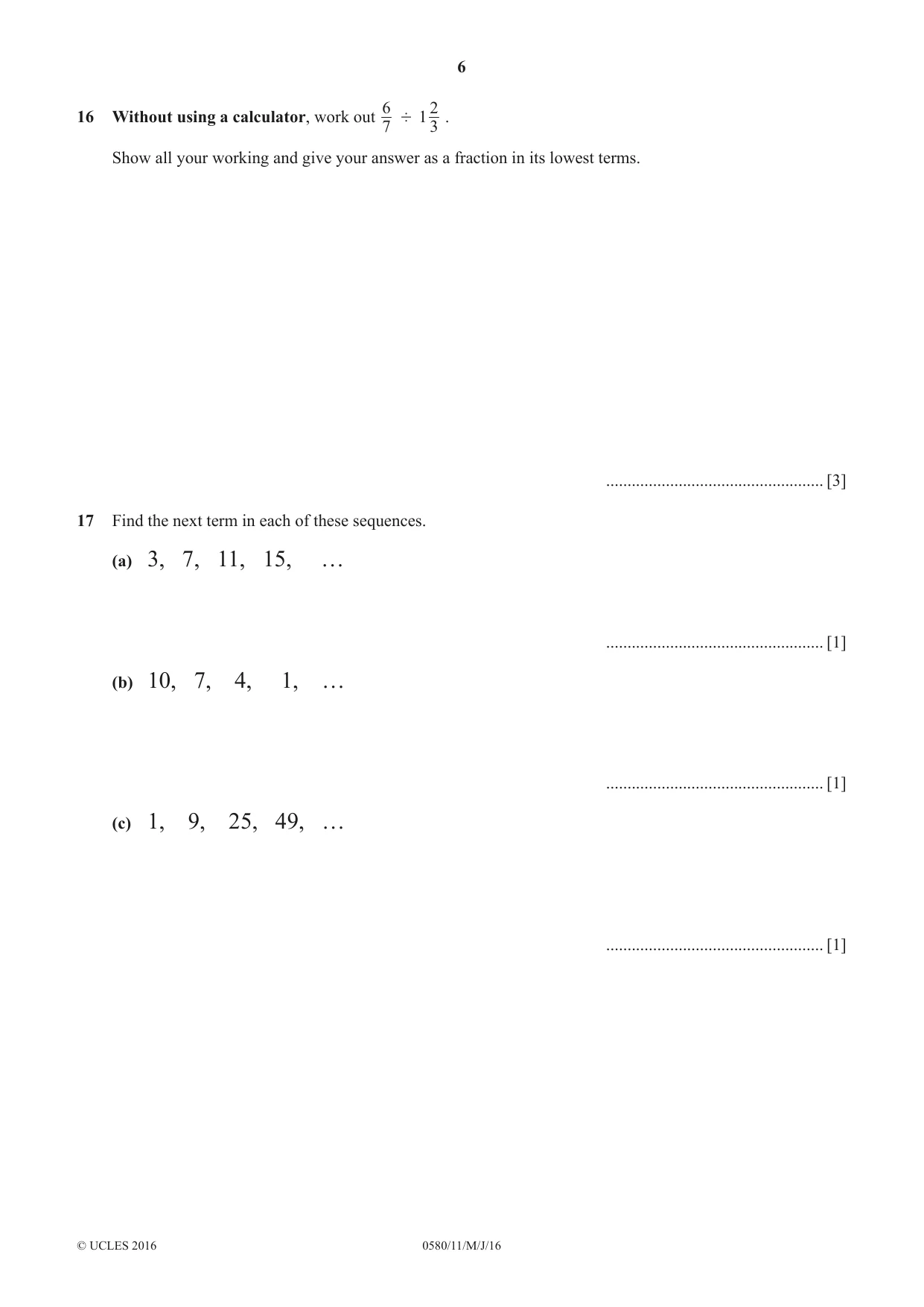 Cambridge IGCSE Mathematics 0580 2016 May/June Paper 1 · Variant 1 question paper, page 6 of 12