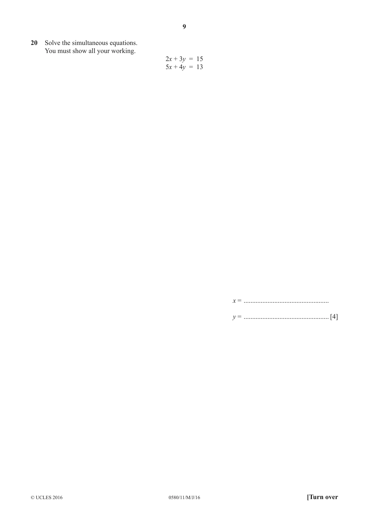 Cambridge IGCSE Mathematics 0580 2016 May/June Paper 1 · Variant 1 question paper, page 9 of 12