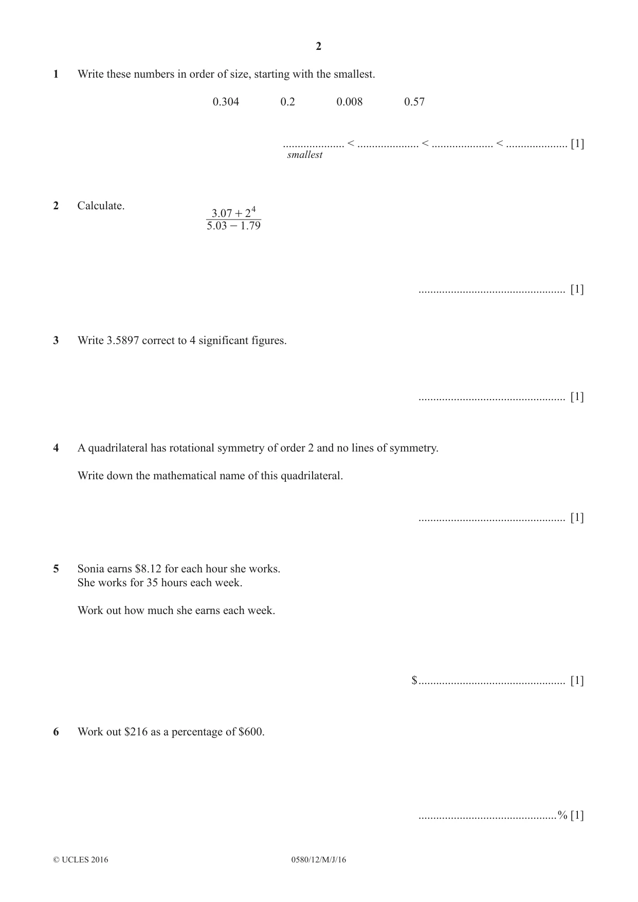 Cambridge IGCSE Mathematics 0580 2016 May/June Paper 1 · Variant 2 question paper, page 2 of 12