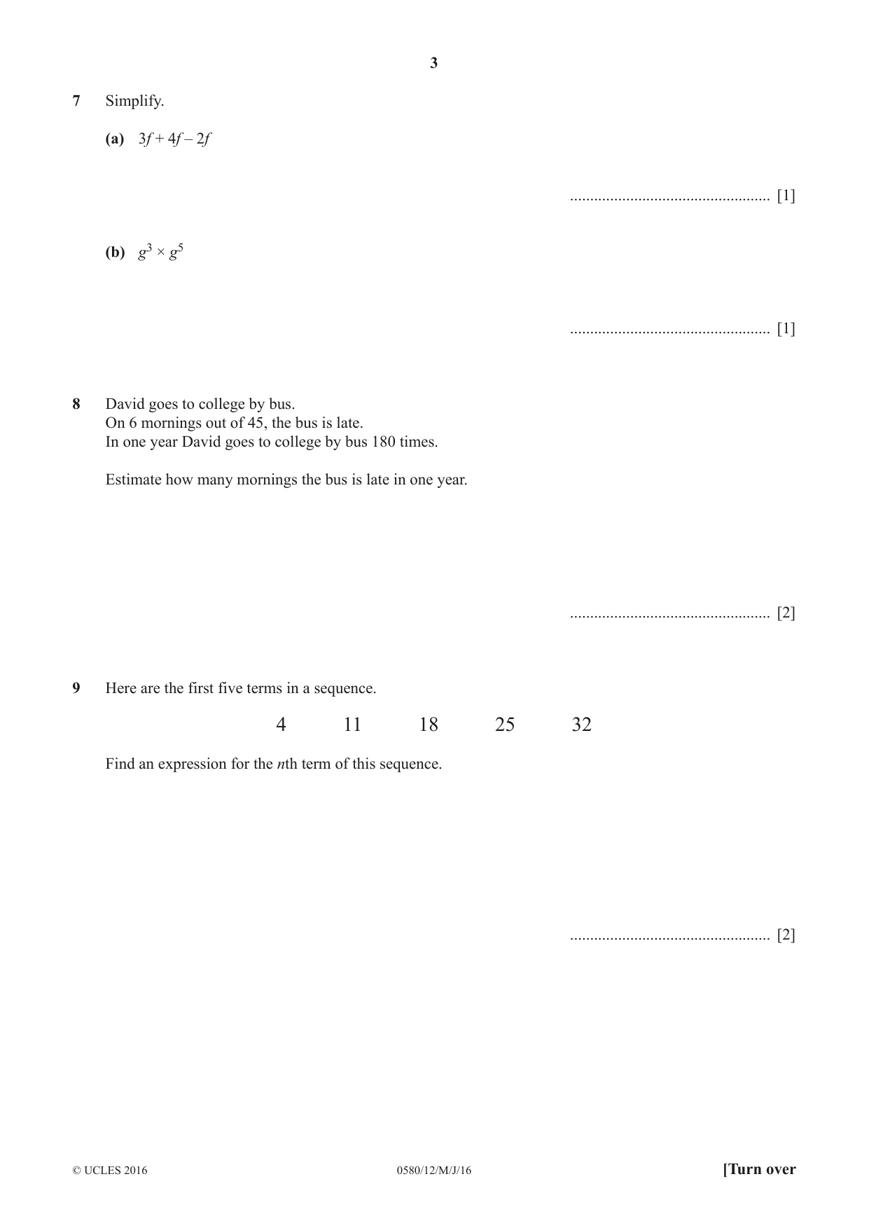 Cambridge IGCSE Mathematics 0580 2016 May/June Paper 1 · Variant 2 question paper, page 3 of 12