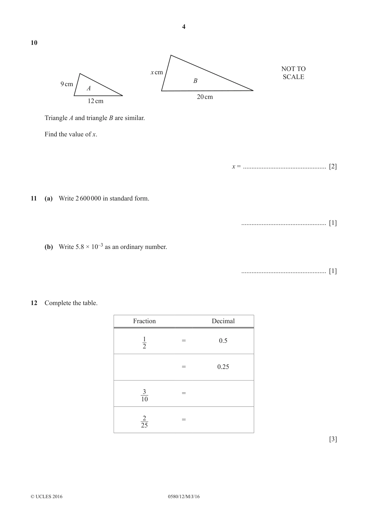 Cambridge IGCSE Mathematics 0580 2016 May/June Paper 1 · Variant 2 question paper, page 4 of 12