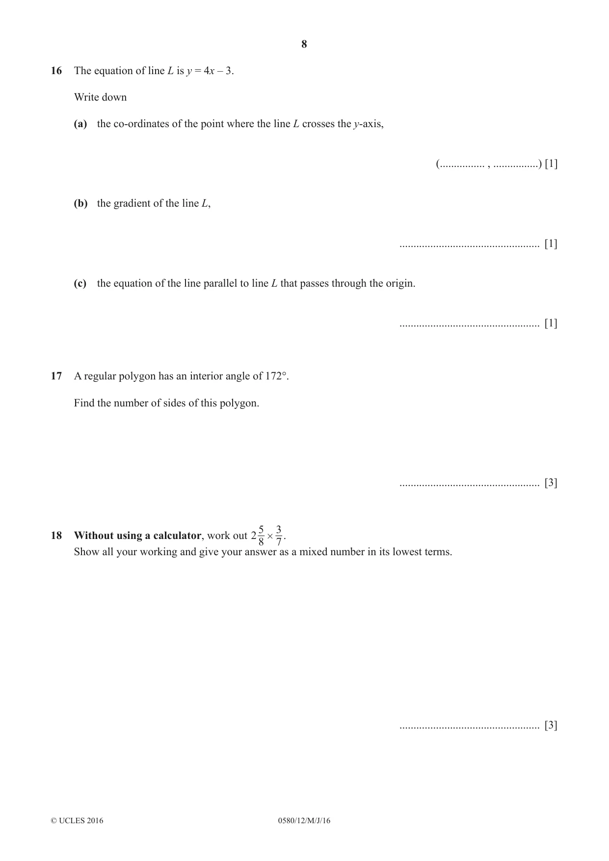 Cambridge IGCSE Mathematics 0580 2016 May/June Paper 1 · Variant 2 question paper, page 8 of 12
