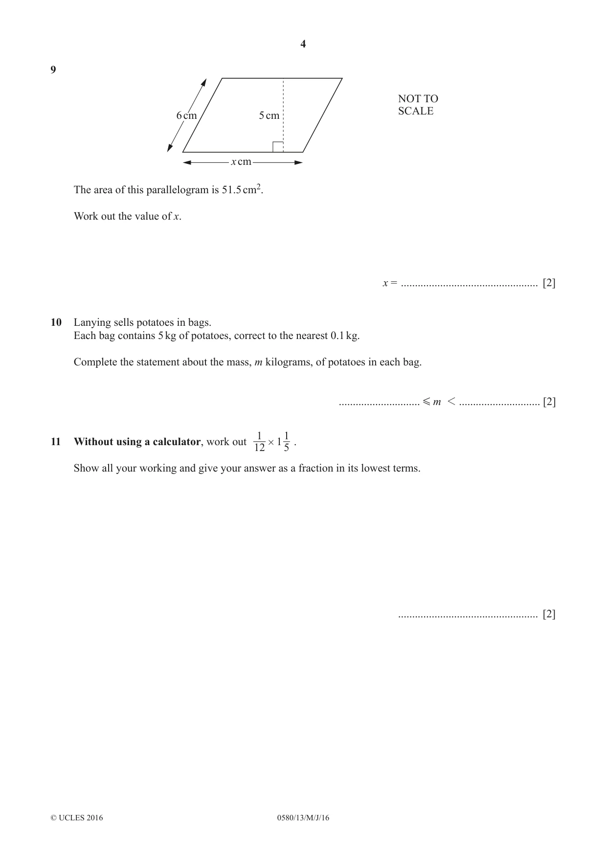 Cambridge IGCSE Mathematics 0580 2016 May/June Paper 1 · Variant 3 question paper, page 4 of 12