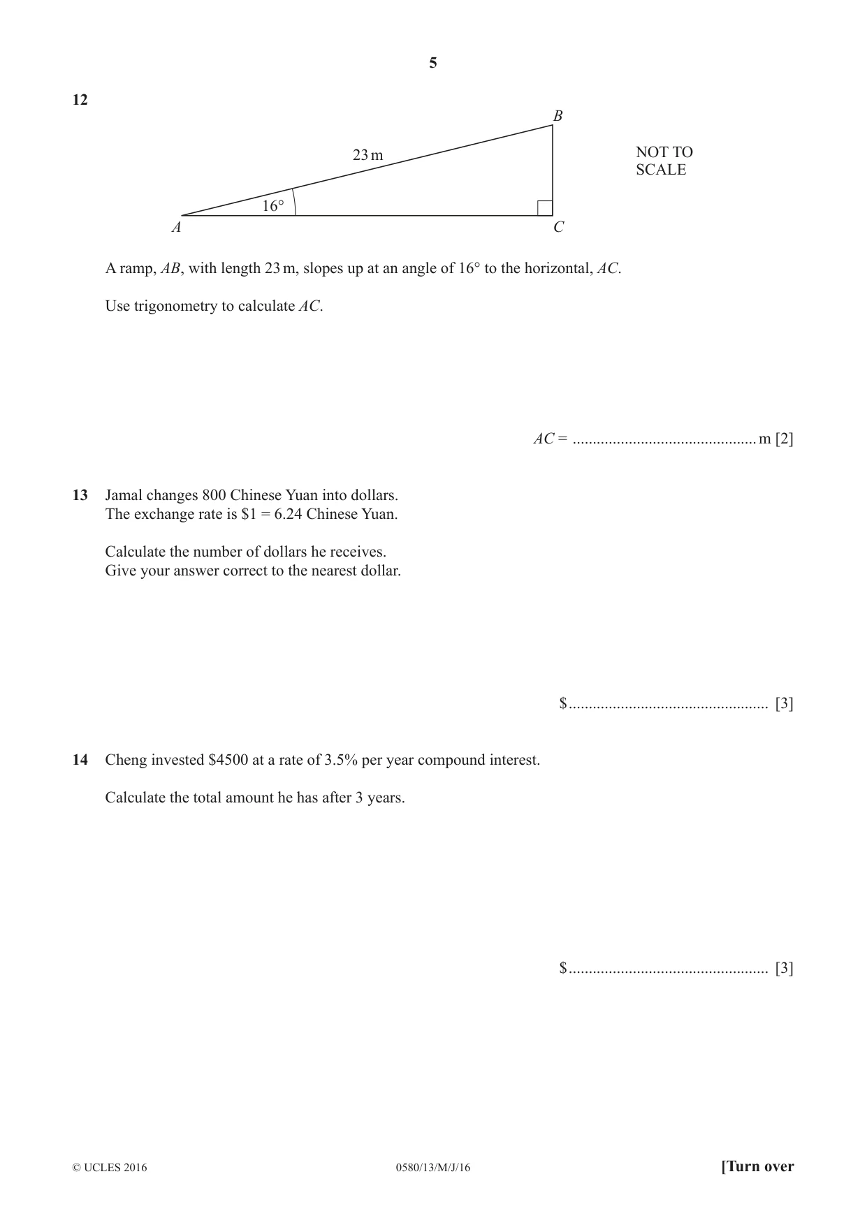 Cambridge IGCSE Mathematics 0580 2016 May/June Paper 1 · Variant 3 question paper, page 5 of 12