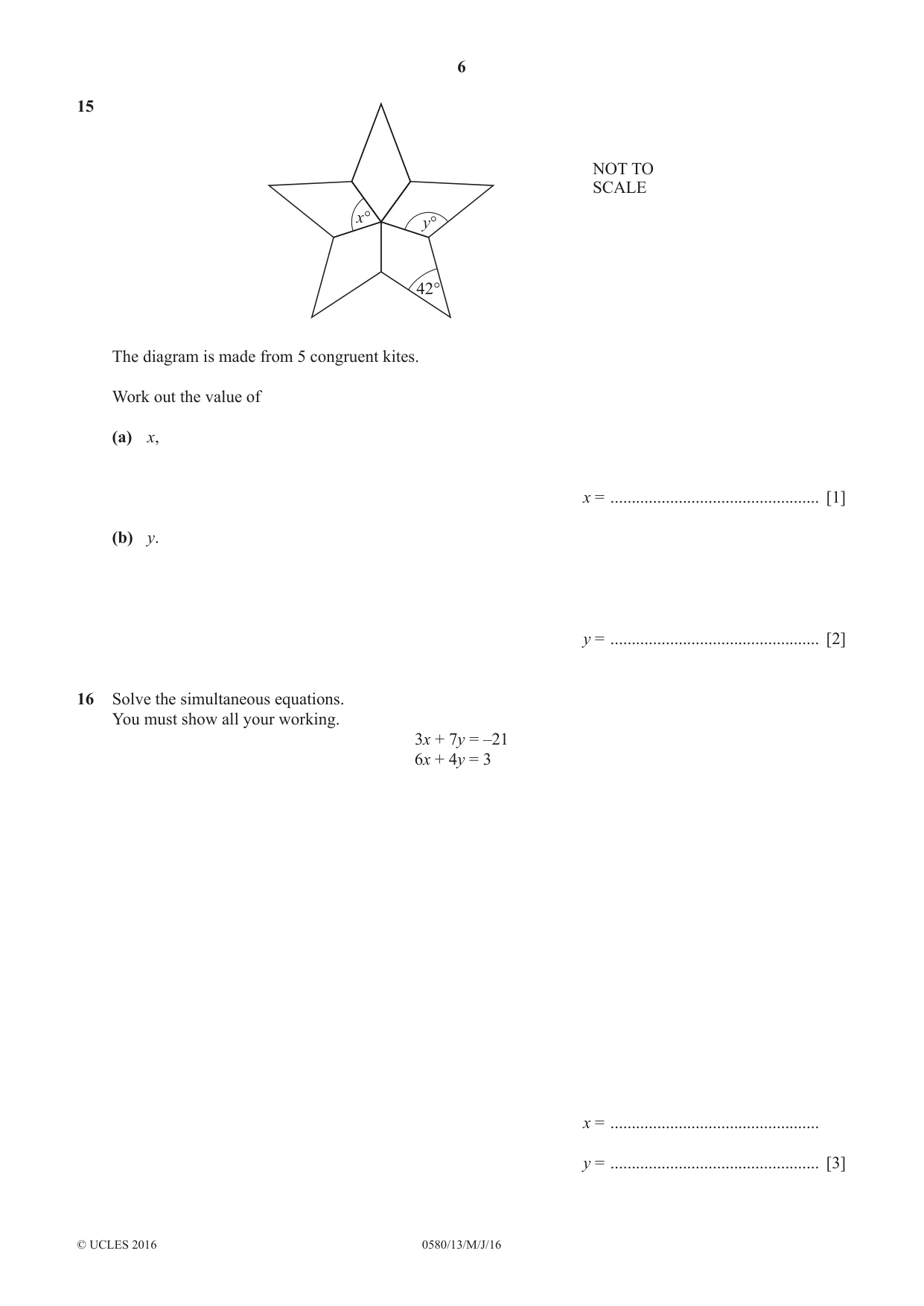 Cambridge IGCSE Mathematics 0580 2016 May/June Paper 1 · Variant 3 question paper, page 6 of 12