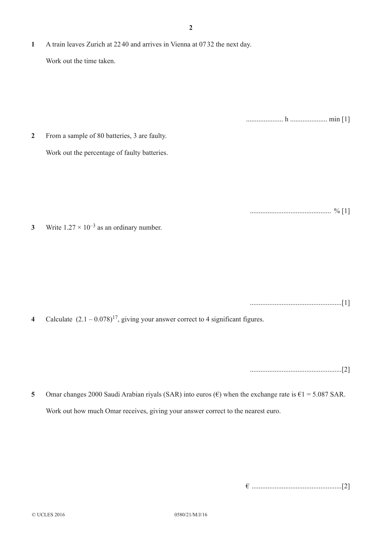 Cambridge IGCSE Mathematics 0580 2016 May/June Paper 2 · Variant 1 question paper, page 2 of 12