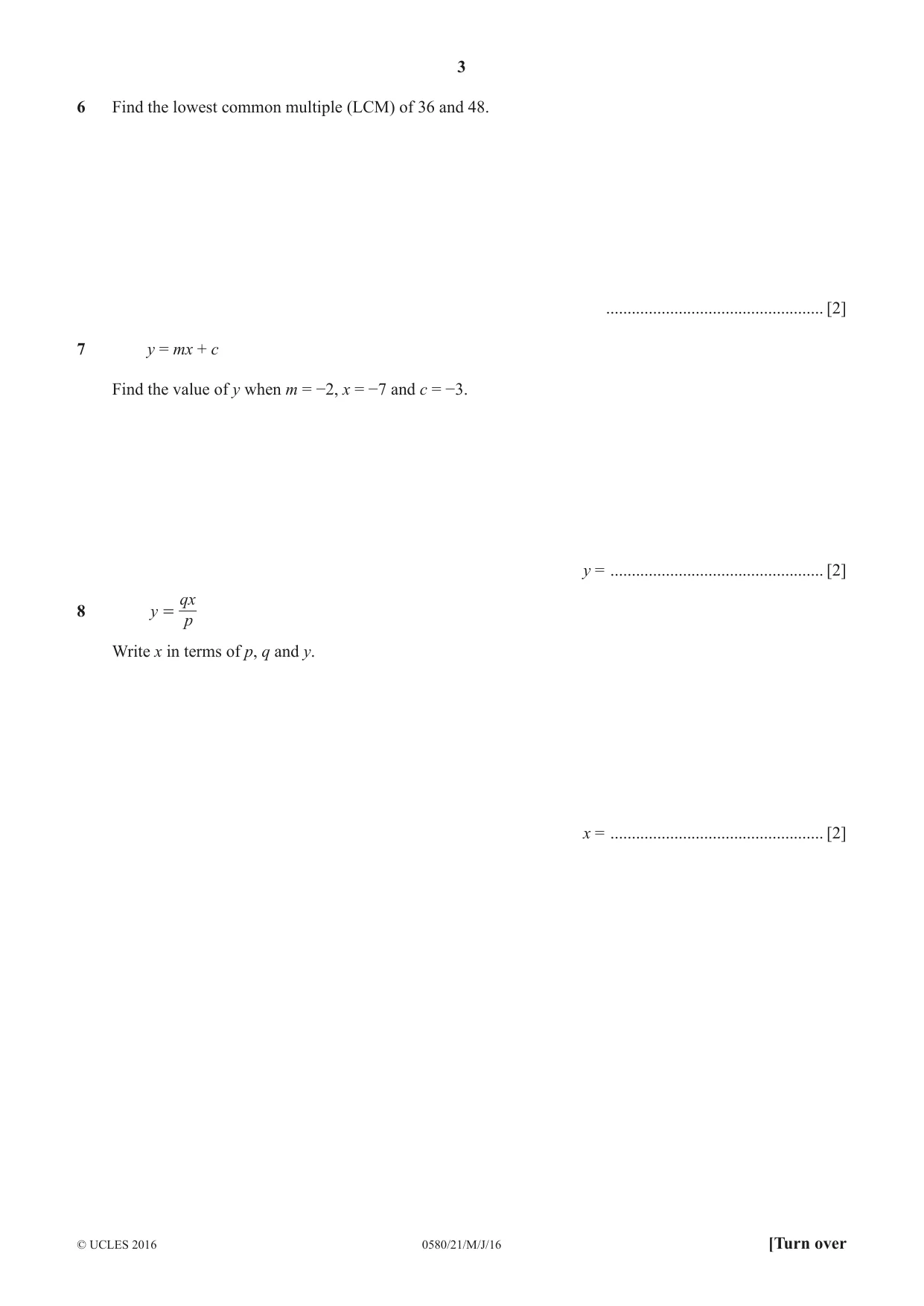Cambridge IGCSE Mathematics 0580 2016 May/June Paper 2 · Variant 1 question paper, page 3 of 12