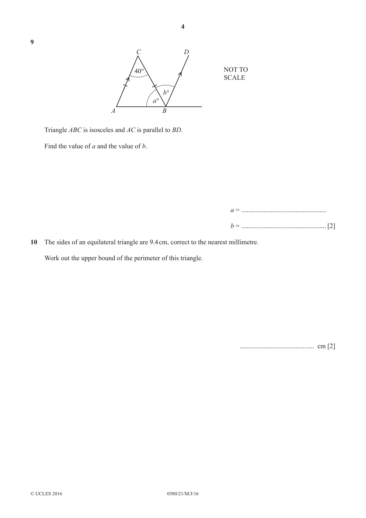 Cambridge IGCSE Mathematics 0580 2016 May/June Paper 2 · Variant 1 question paper, page 4 of 12