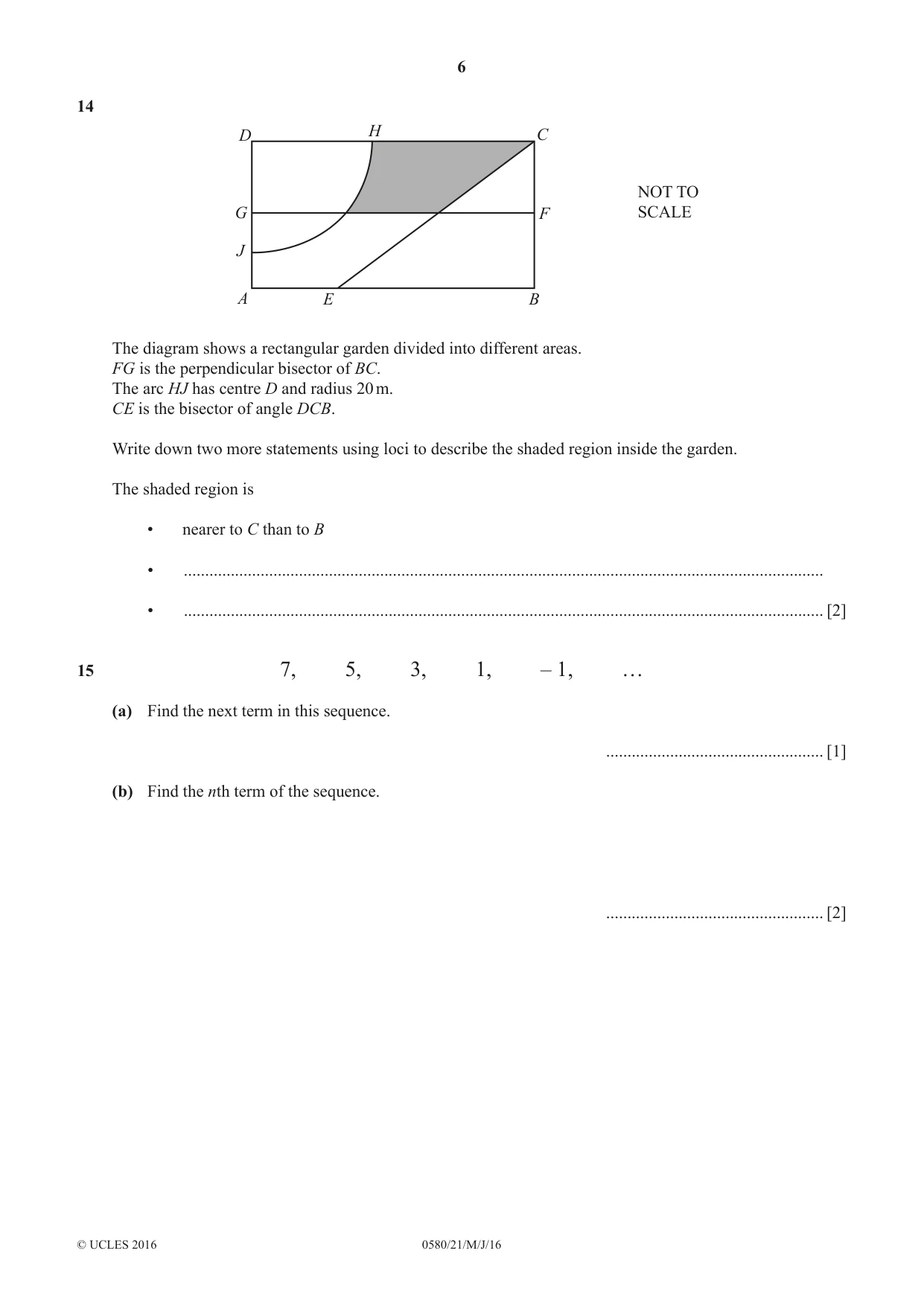 Cambridge IGCSE Mathematics 0580 2016 May/June Paper 2 · Variant 1 question paper, page 6 of 12