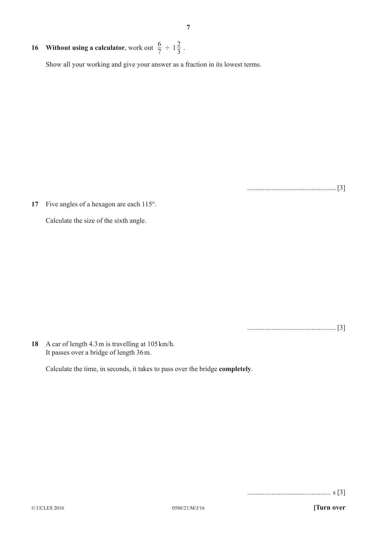 Cambridge IGCSE Mathematics 0580 2016 May/June Paper 2 · Variant 1 question paper, page 7 of 12