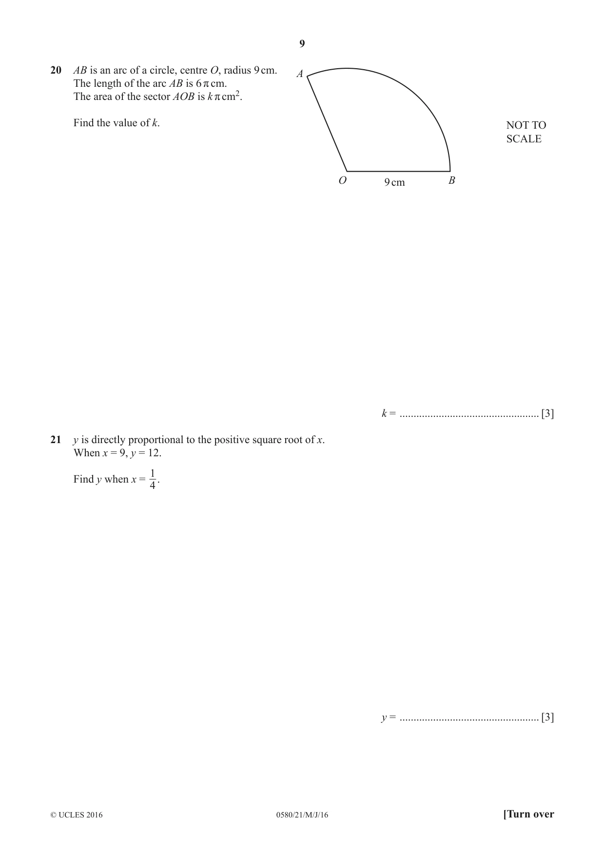 Cambridge IGCSE Mathematics 0580 2016 May/June Paper 2 · Variant 1 question paper, page 9 of 12