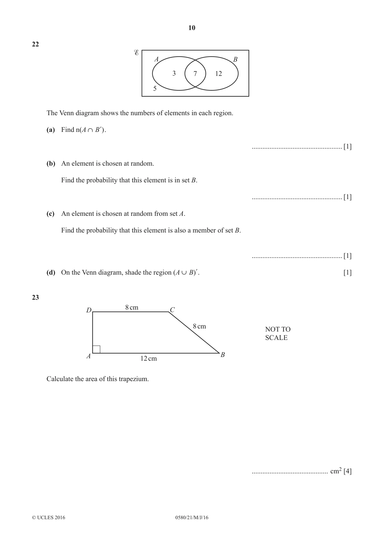 Cambridge IGCSE Mathematics 0580 2016 May/June Paper 2 · Variant 1 question paper, page 10 of 12