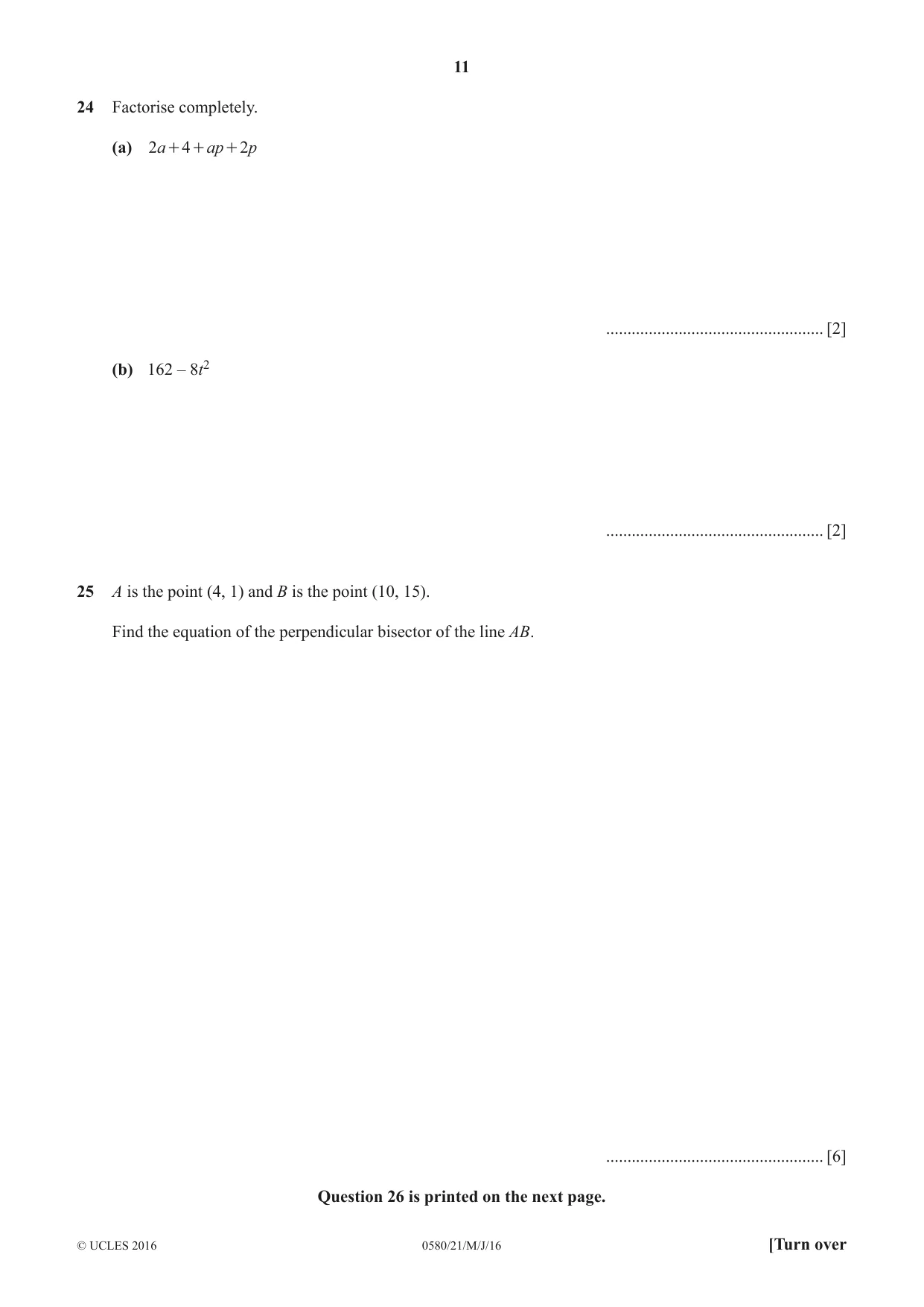 Cambridge IGCSE Mathematics 0580 2016 May/June Paper 2 · Variant 1 question paper, page 11 of 12