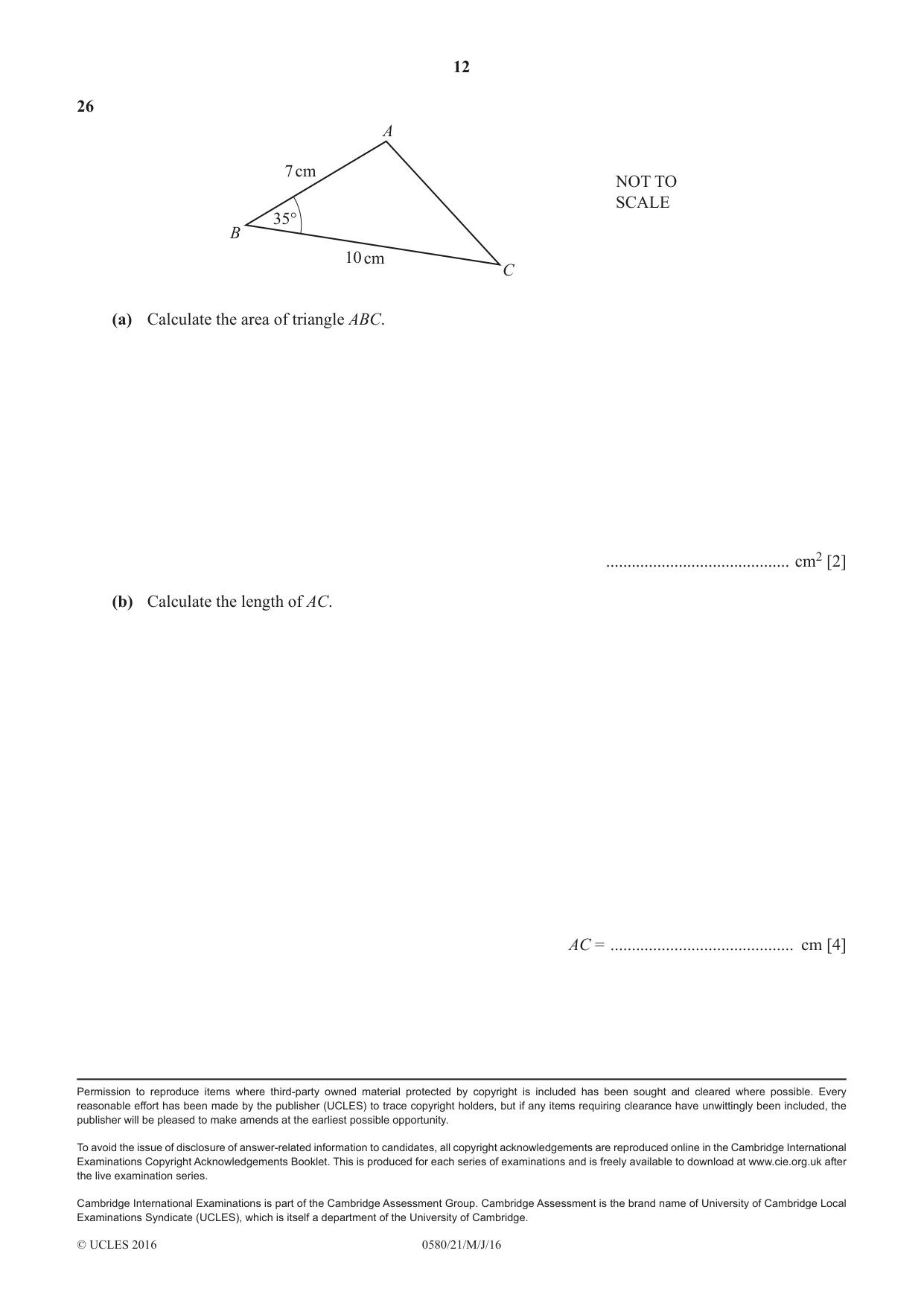 Cambridge IGCSE Mathematics 0580 2016 May/June Paper 2 · Variant 1 question paper, page 12 of 12