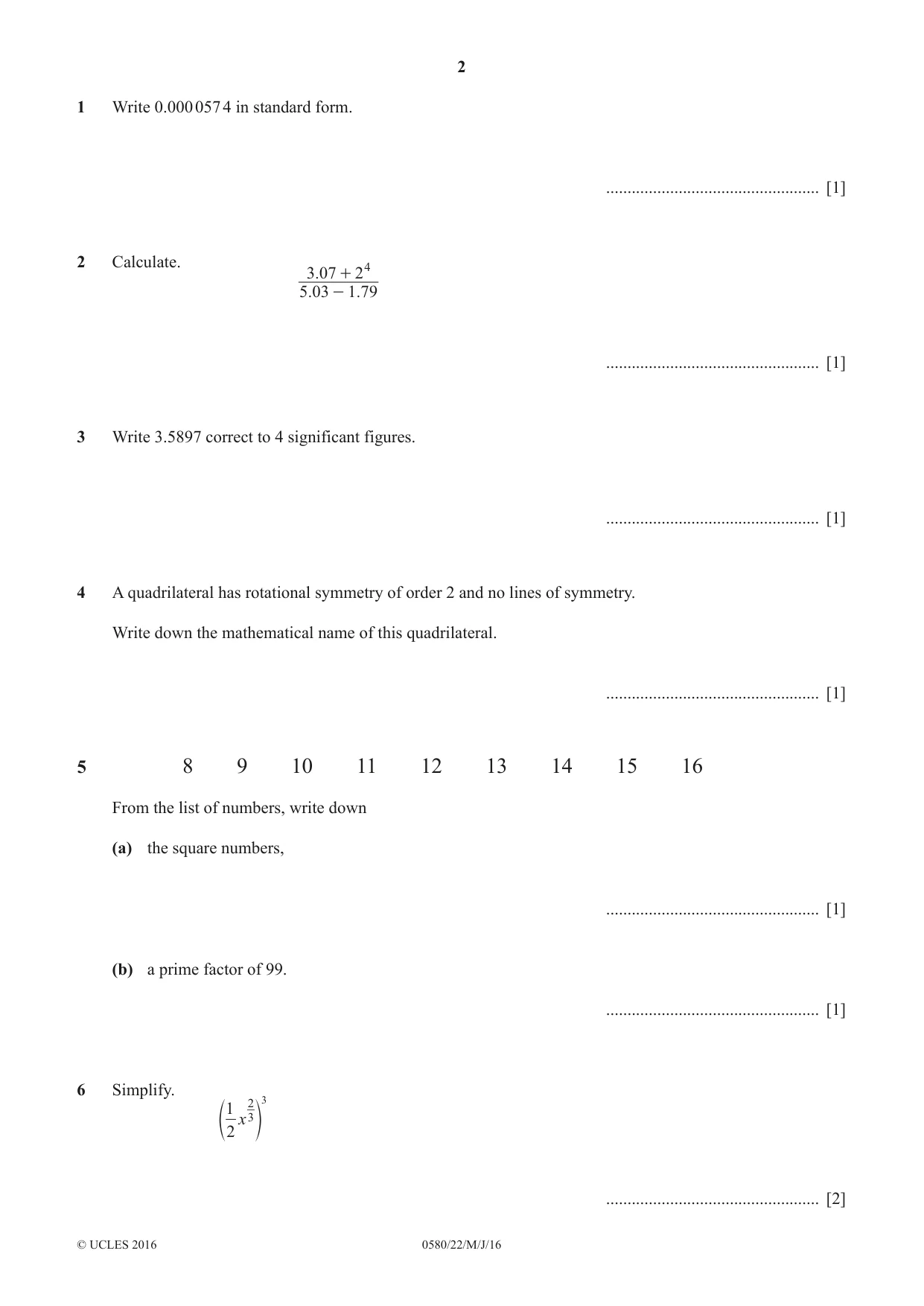 Cambridge IGCSE Mathematics 0580 2016 May/June Paper 2 · Variant 2 question paper, page 2 of 12