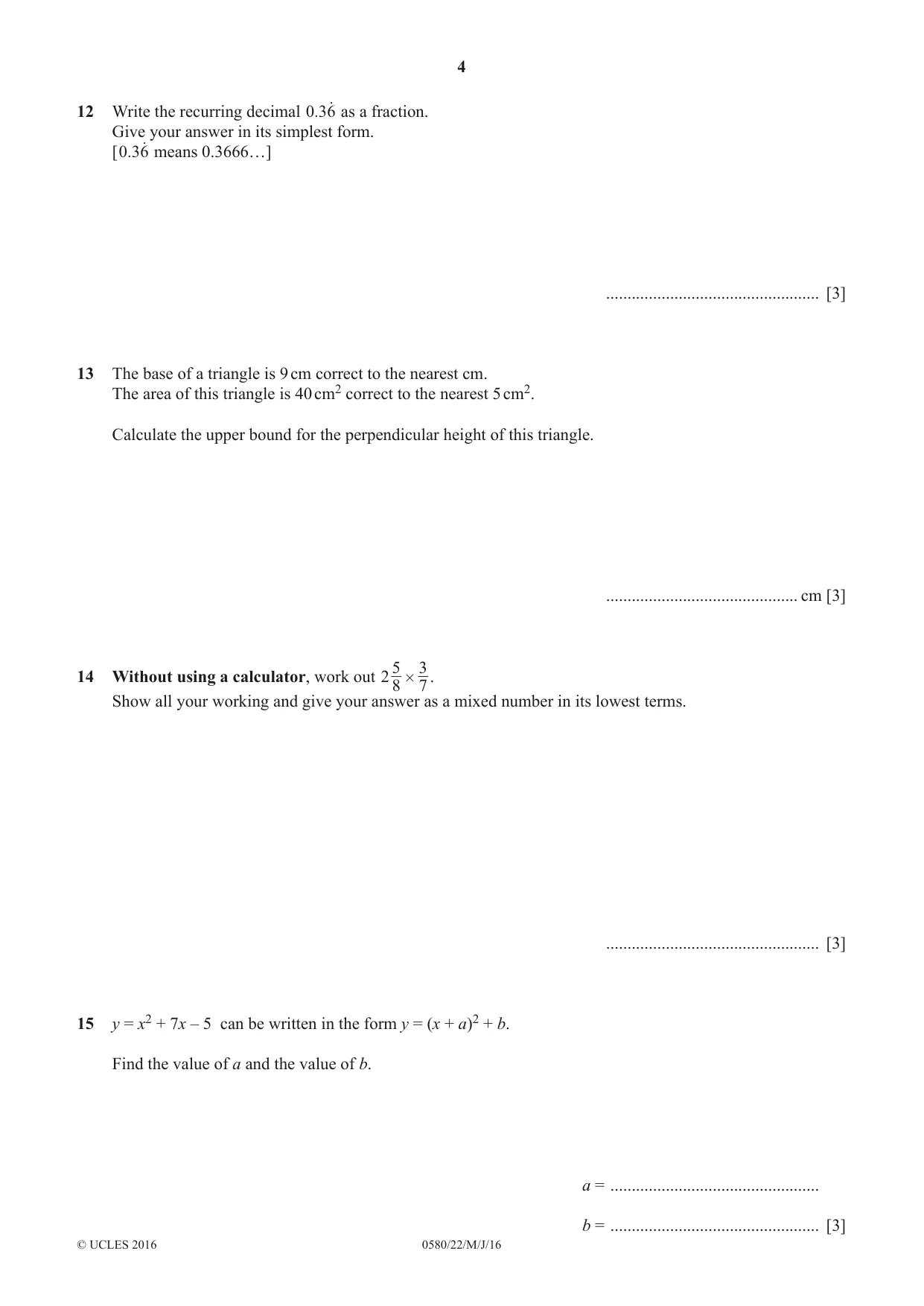 Cambridge IGCSE Mathematics 0580 2016 May/June Paper 2 · Variant 2 question paper, page 4 of 12