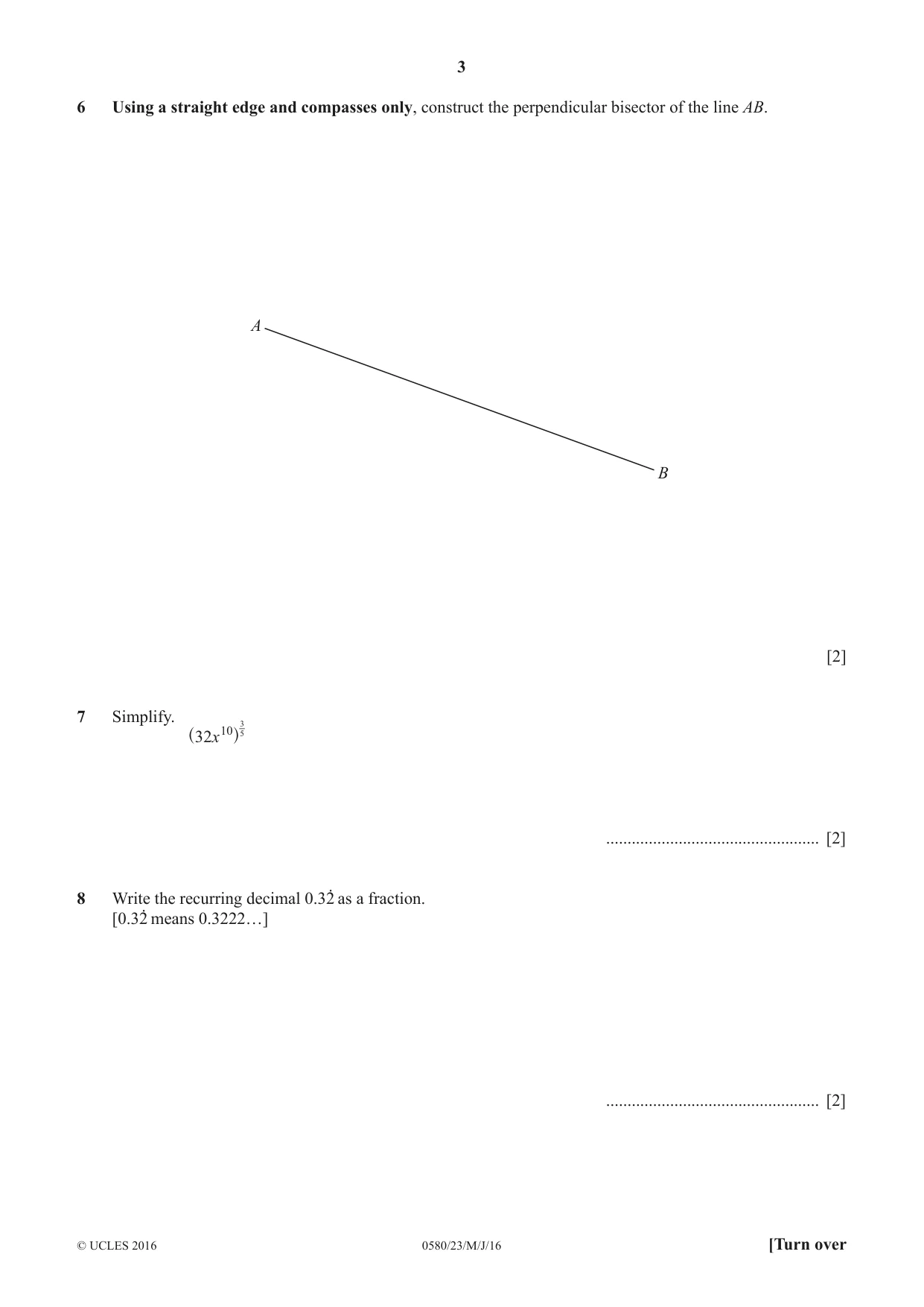 Cambridge IGCSE Mathematics 0580 2016 May/June Paper 2 · Variant 3 question paper, page 3 of 12
