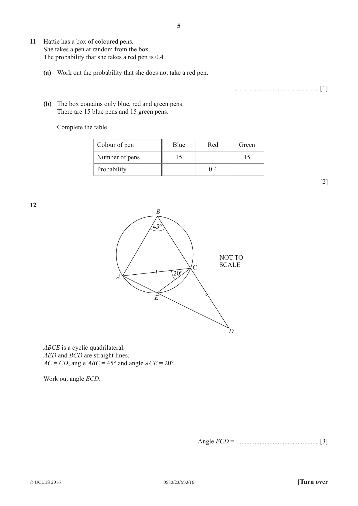Cambridge IGCSE Mathematics 0580 2016 May/June Paper 2 · Variant 3 question paper, page 5 of 12