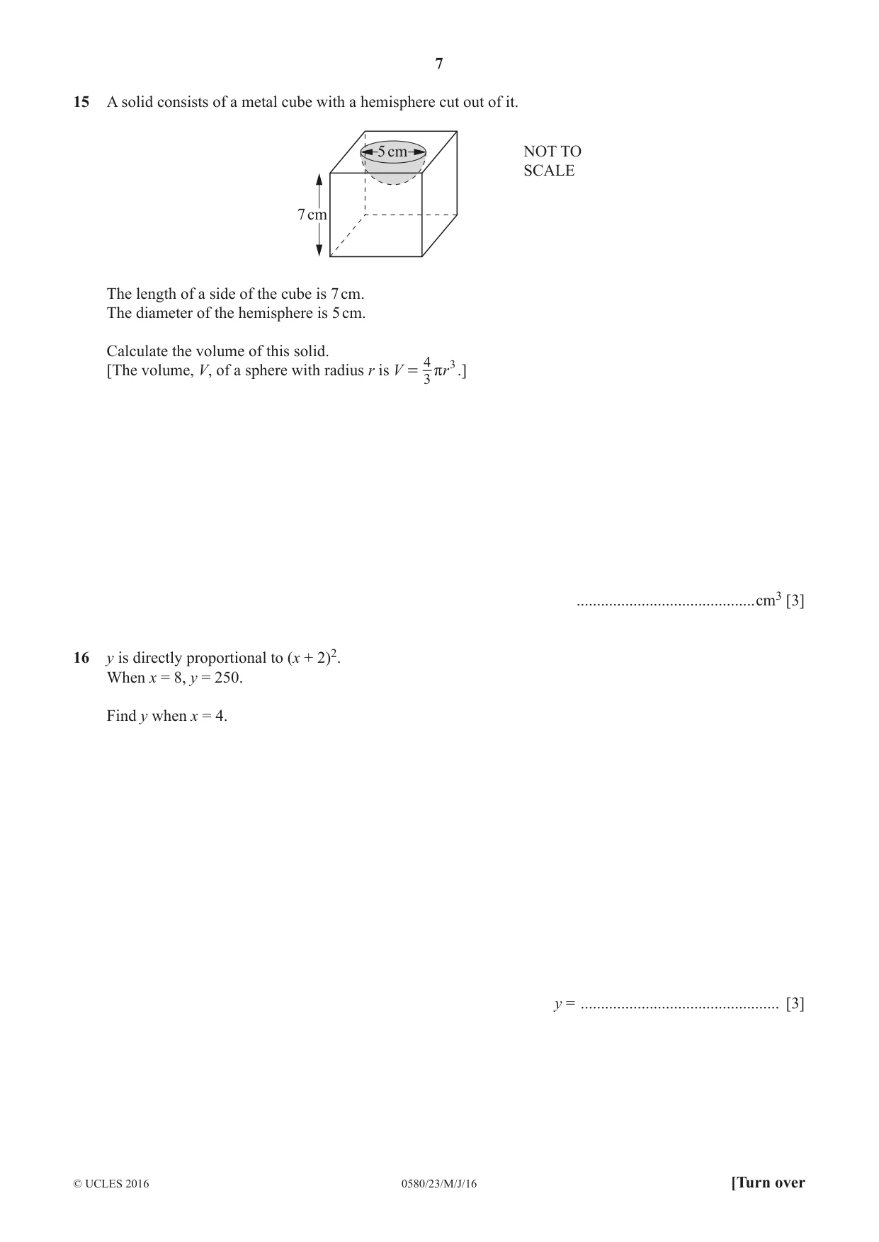 Cambridge IGCSE Mathematics 0580 2016 May/June Paper 2 · Variant 3 question paper, page 7 of 12