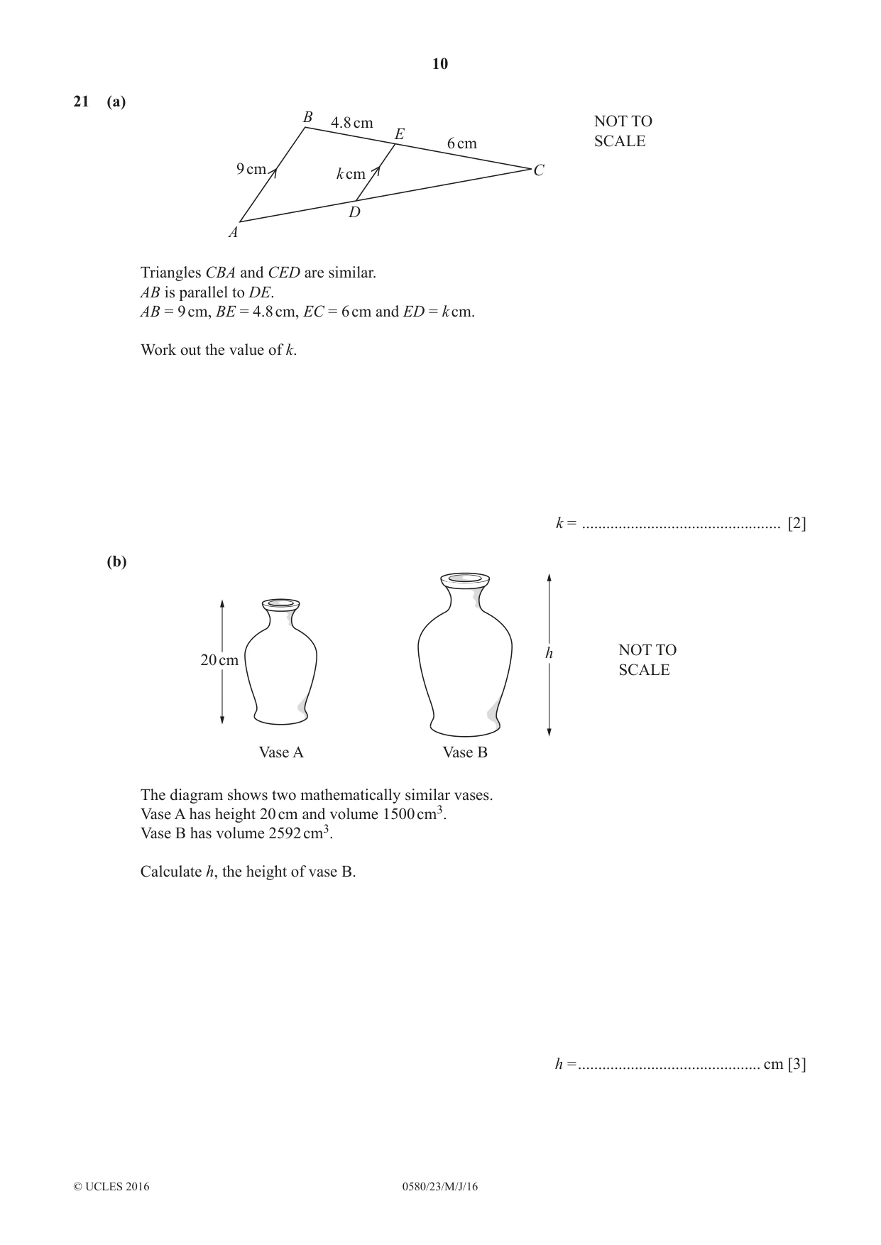 Cambridge IGCSE Mathematics 0580 2016 May/June Paper 2 · Variant 3 question paper, page 10 of 12