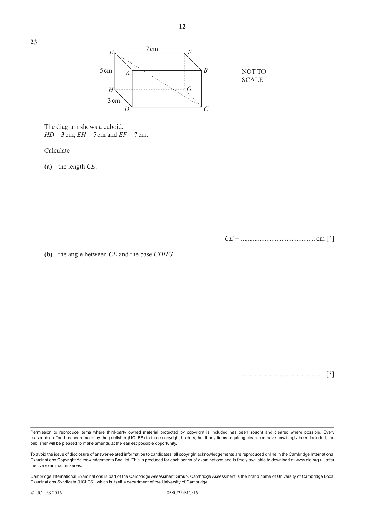 Cambridge IGCSE Mathematics 0580 2016 May/June Paper 2 · Variant 3 question paper, page 12 of 12