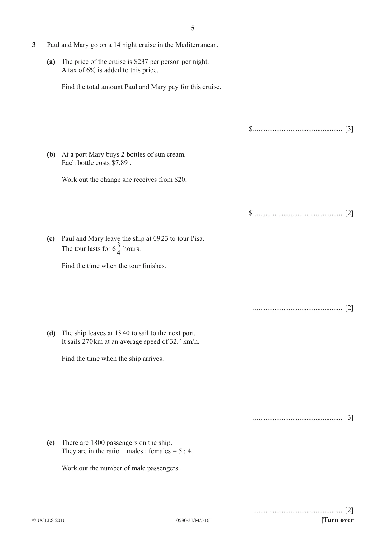 Cambridge IGCSE Mathematics 0580 2016 May/June Paper 3 · Variant 1 question paper, page 5 of 16