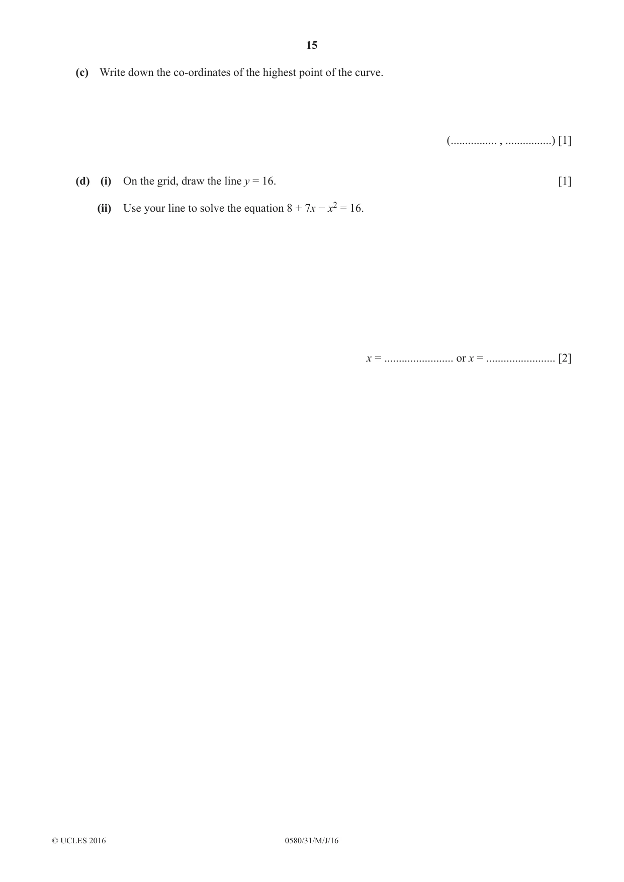 Cambridge IGCSE Mathematics 0580 2016 May/June Paper 3 · Variant 1 question paper, page 15 of 16
