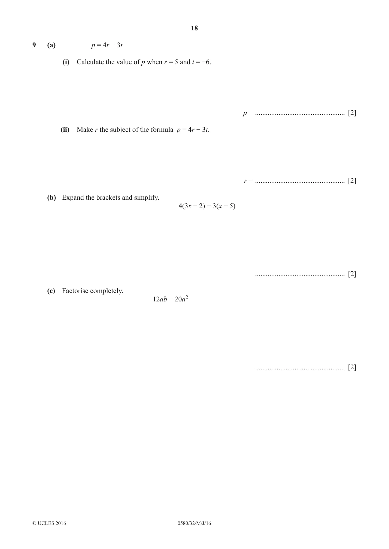 Cambridge IGCSE Mathematics 0580 2016 May/June Paper 3 · Variant 2 question paper, page 18 of 20
