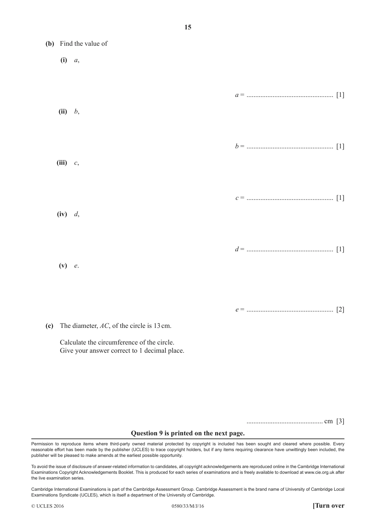 Cambridge IGCSE Mathematics 0580 2016 May/June Paper 3 · Variant 3 question paper, page 15 of 16
