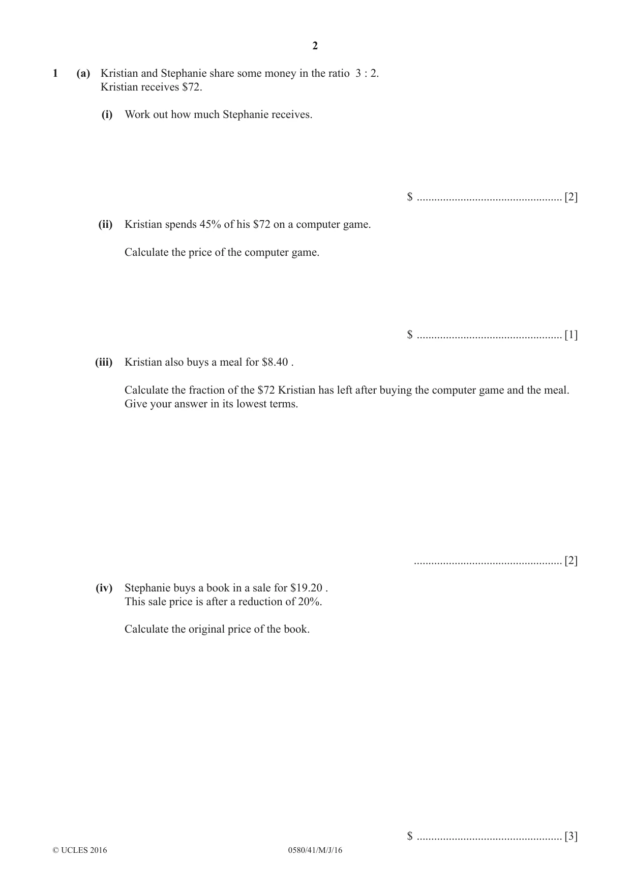 Cambridge IGCSE Mathematics 0580 2016 May/June Paper 4 · Variant 1 question paper, page 2 of 20