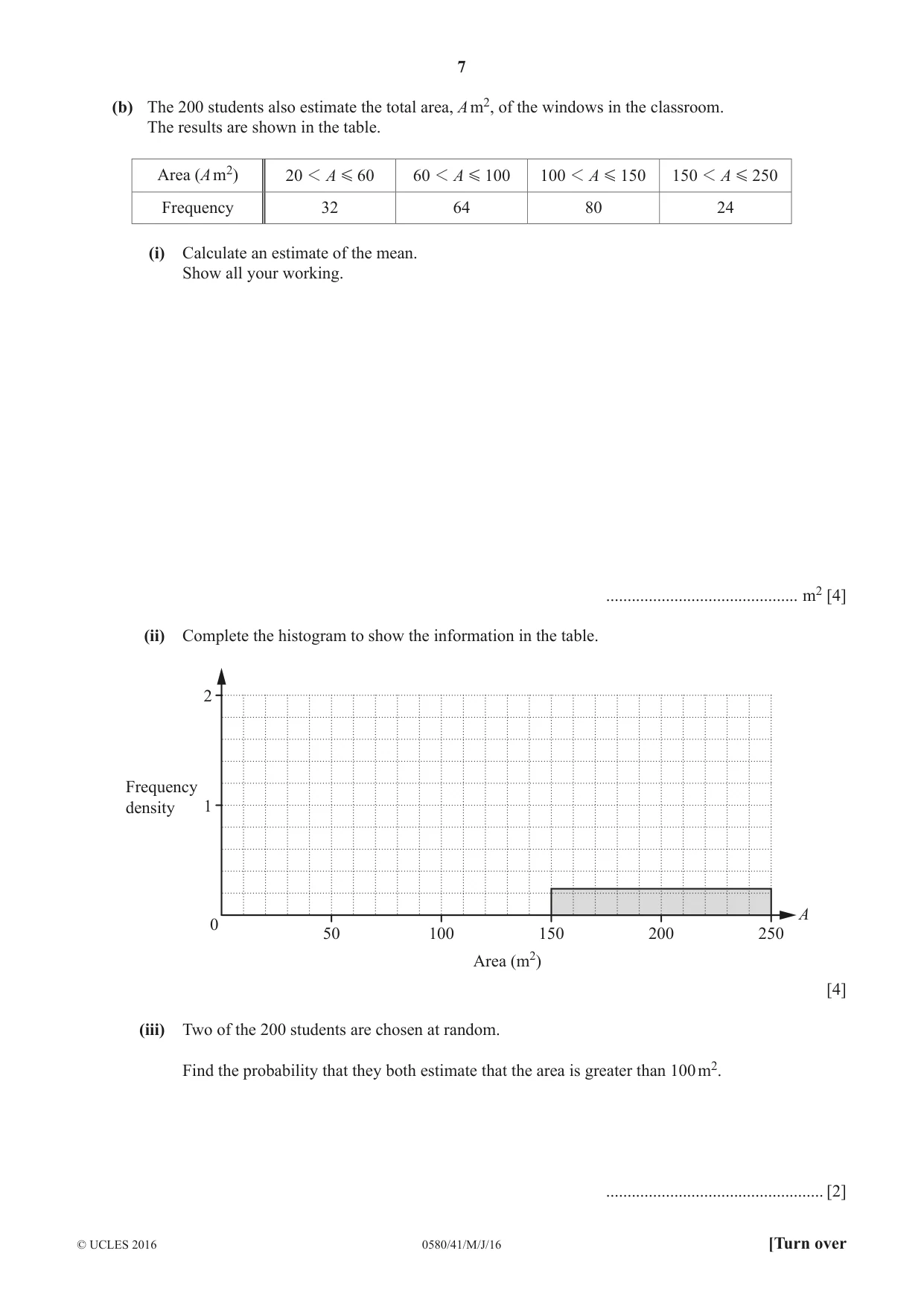 Cambridge IGCSE Mathematics 0580 2016 May/June Paper 4 · Variant 1 question paper, page 7 of 20