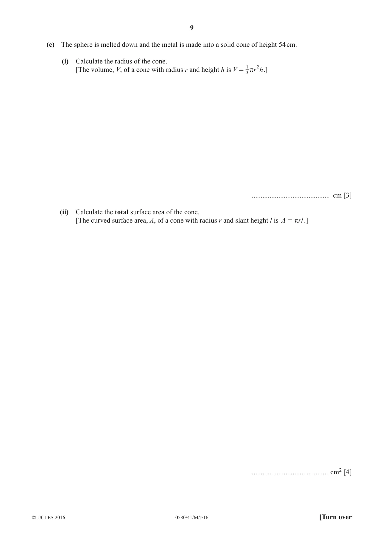 Cambridge IGCSE Mathematics 0580 2016 May/June Paper 4 · Variant 1 question paper, page 9 of 20