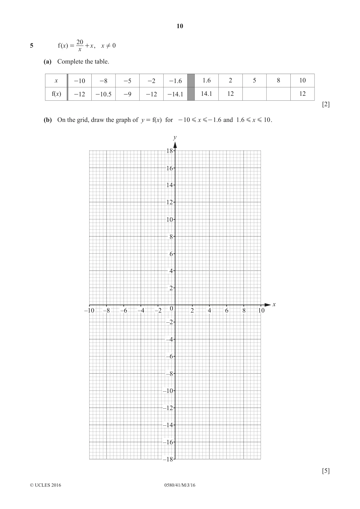 Cambridge IGCSE Mathematics 0580 2016 May/June Paper 4 · Variant 1 question paper, page 10 of 20