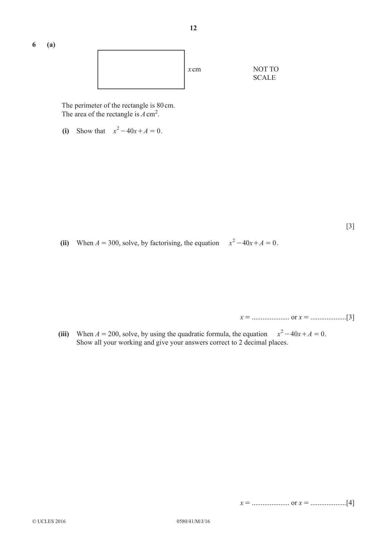 Cambridge IGCSE Mathematics 0580 2016 May/June Paper 4 · Variant 1 question paper, page 12 of 20