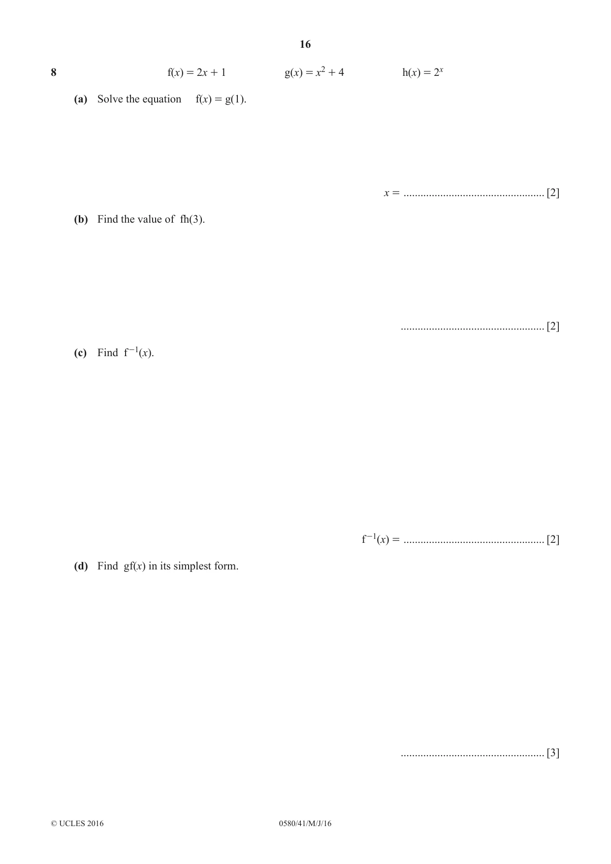 Cambridge IGCSE Mathematics 0580 2016 May/June Paper 4 · Variant 1 question paper, page 16 of 20