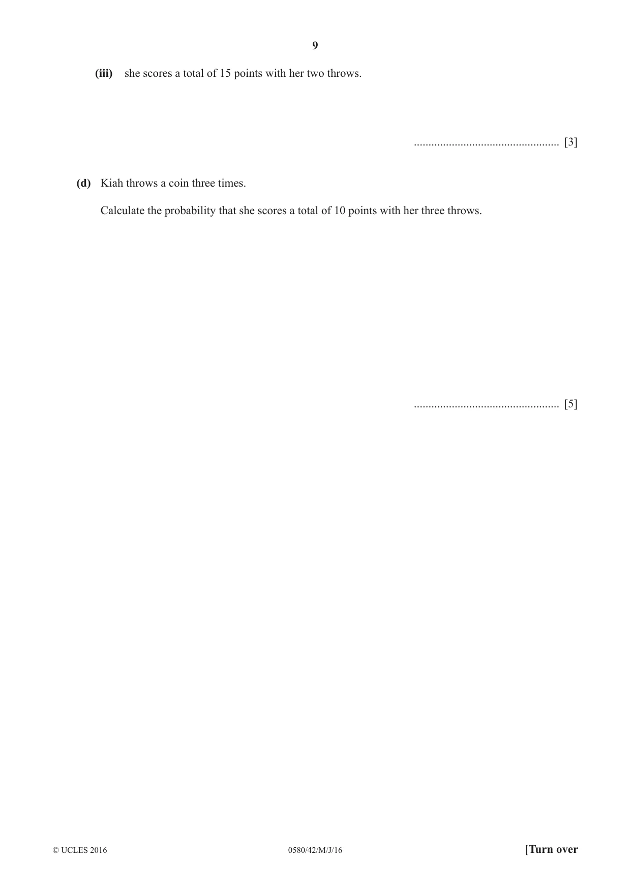 Cambridge IGCSE Mathematics 0580 2016 May/June Paper 4 · Variant 2 question paper, page 9 of 16