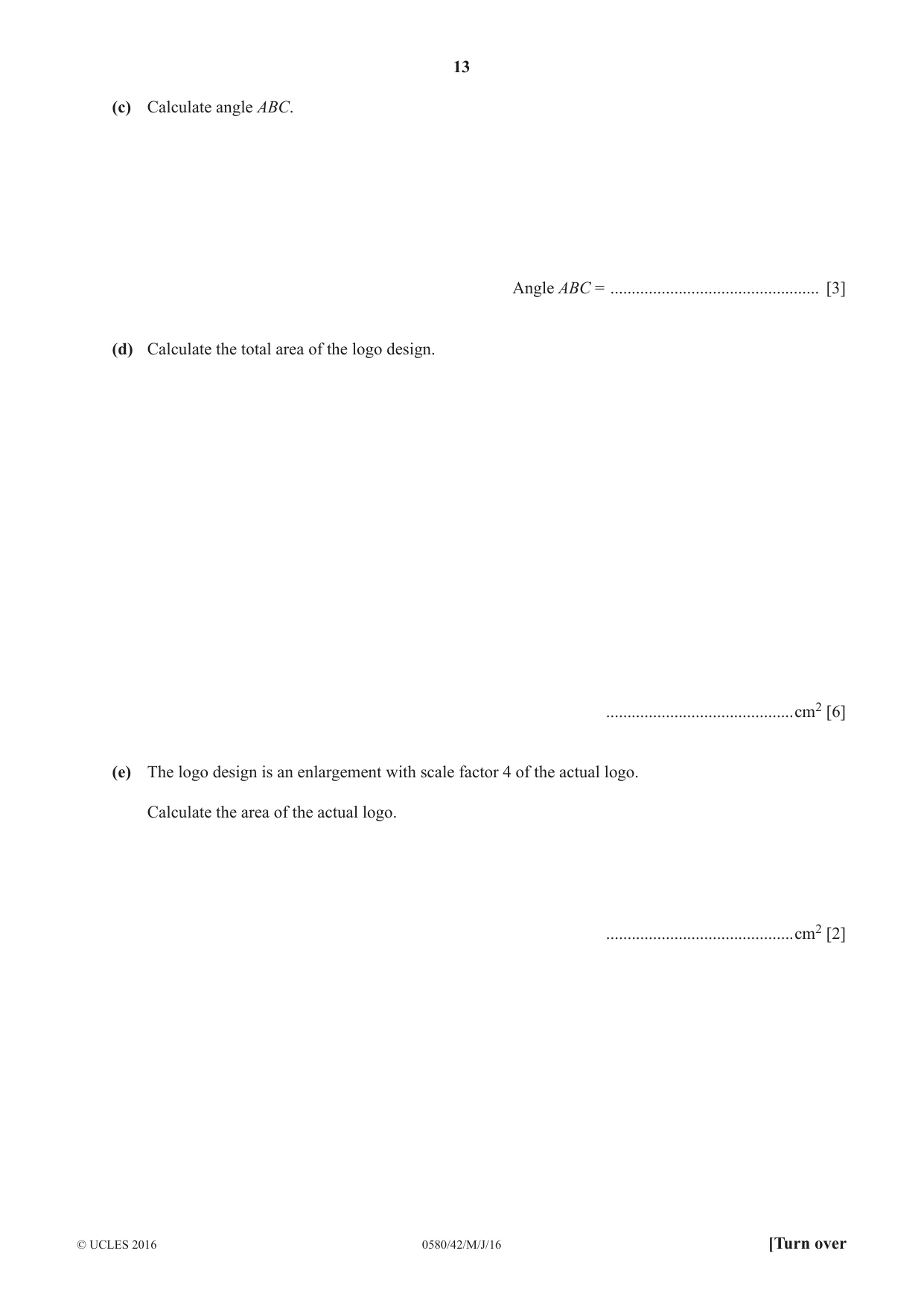Cambridge IGCSE Mathematics 0580 2016 May/June Paper 4 · Variant 2 question paper, page 13 of 16