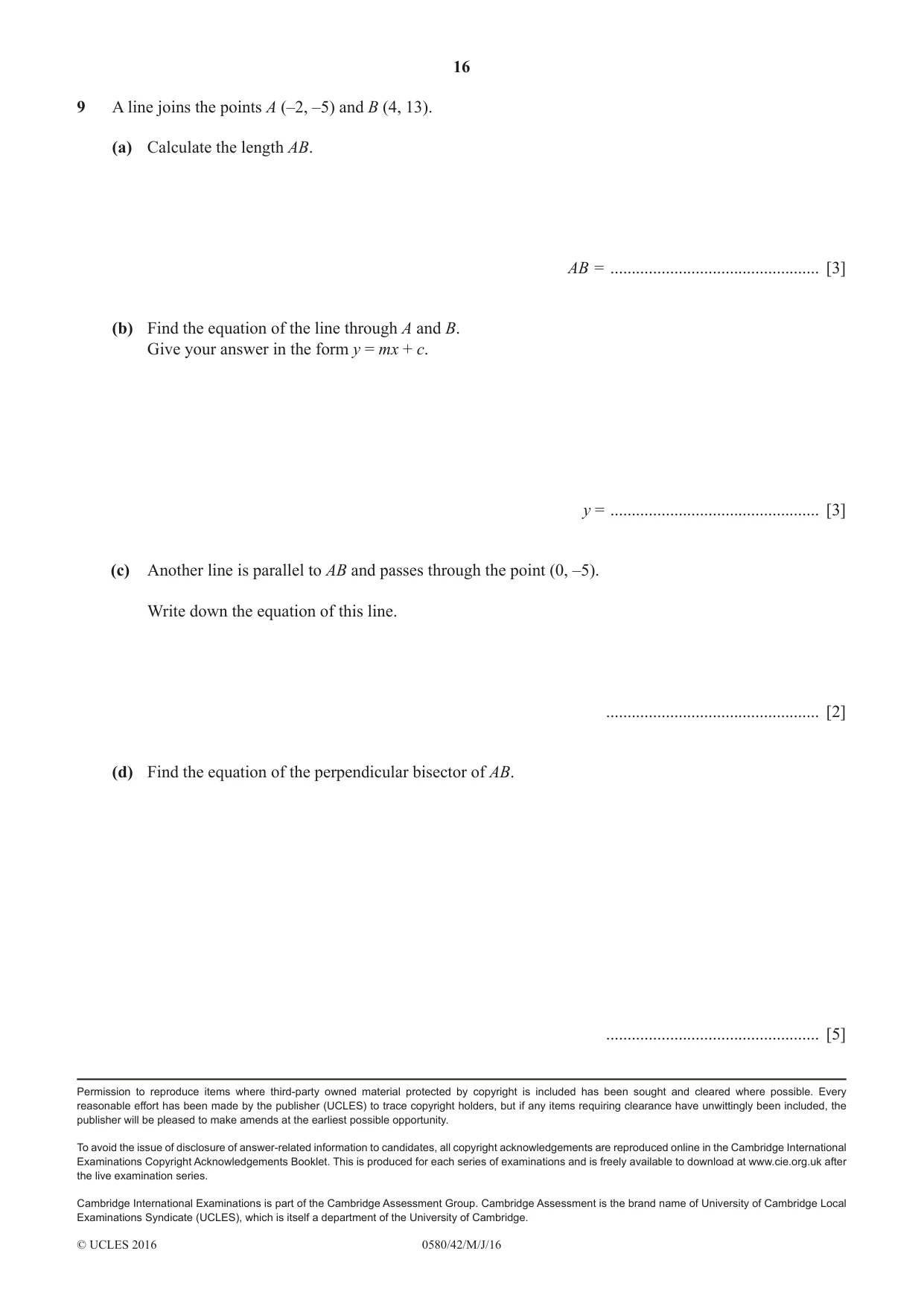 Cambridge IGCSE Mathematics 0580 2016 May/June Paper 4 · Variant 2 question paper, page 16 of 16