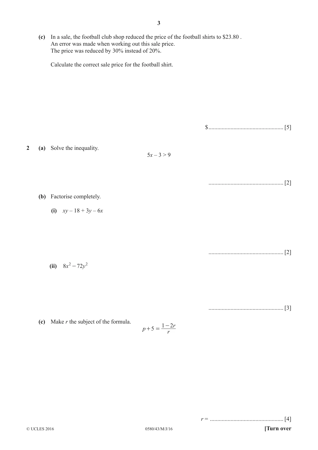 Cambridge IGCSE Mathematics 0580 2016 May/June Paper 4 · Variant 3 question paper, page 3 of 16