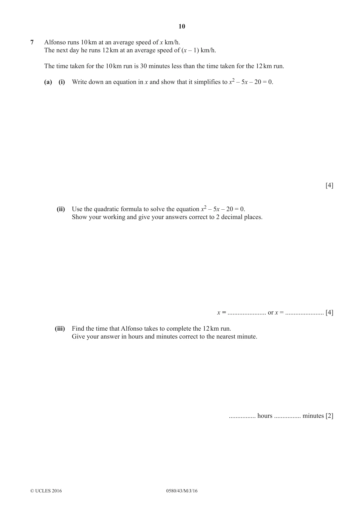 Cambridge IGCSE Mathematics 0580 2016 May/June Paper 4 · Variant 3 question paper, page 10 of 16