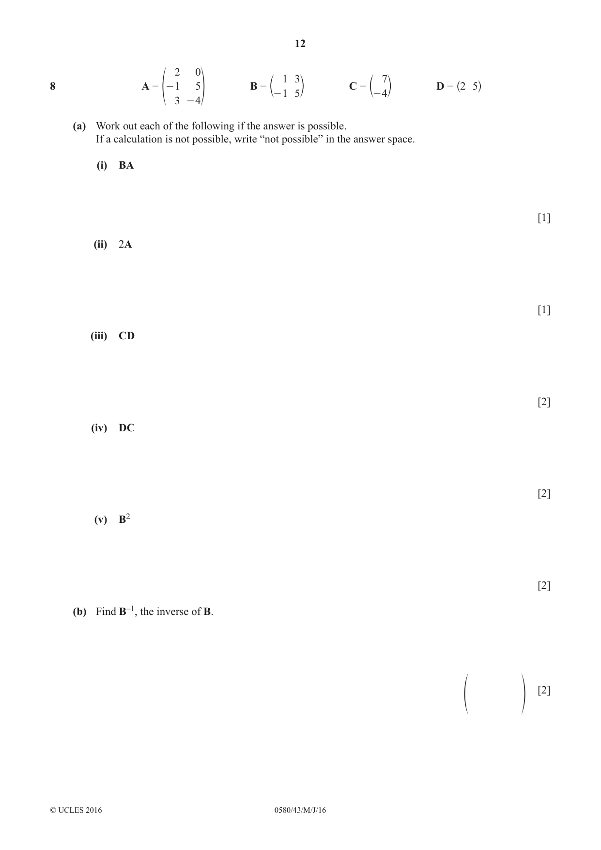 Cambridge IGCSE Mathematics 0580 2016 May/June Paper 4 · Variant 3 question paper, page 12 of 16