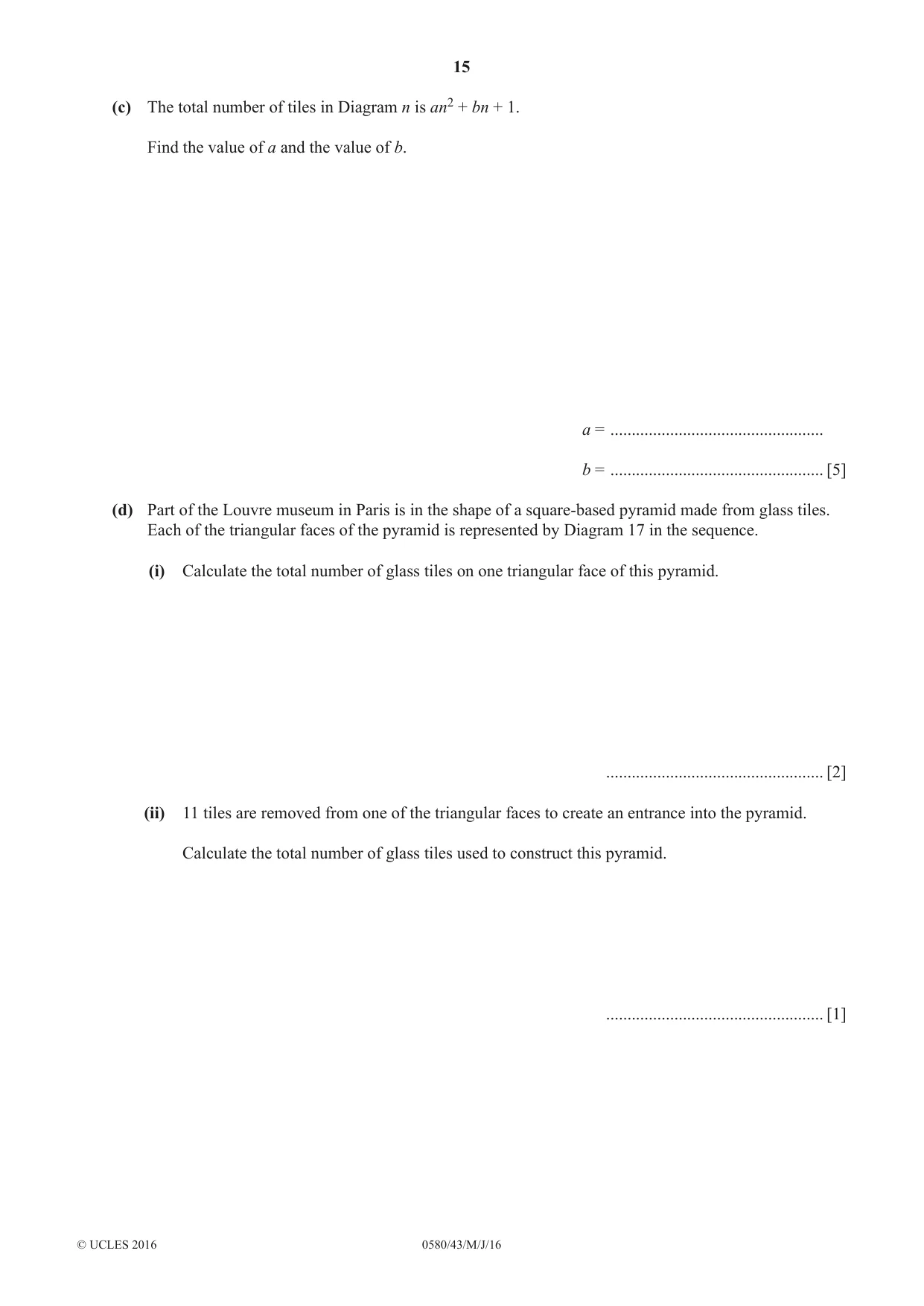 Cambridge IGCSE Mathematics 0580 2016 May/June Paper 4 · Variant 3 question paper, page 15 of 16