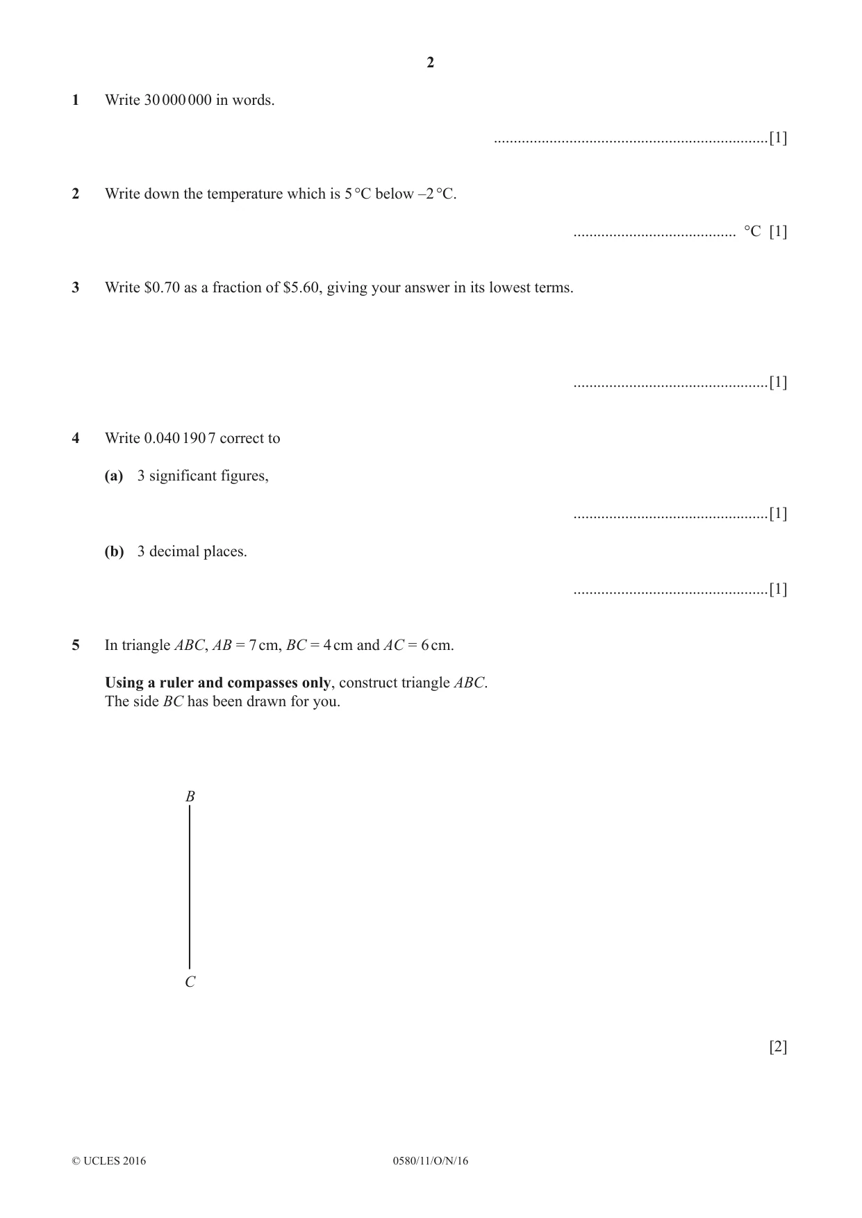 Cambridge IGCSE Mathematics 0580 2016 Oct/Nov Paper 1 · Variant 1 question paper, page 2 of 12
