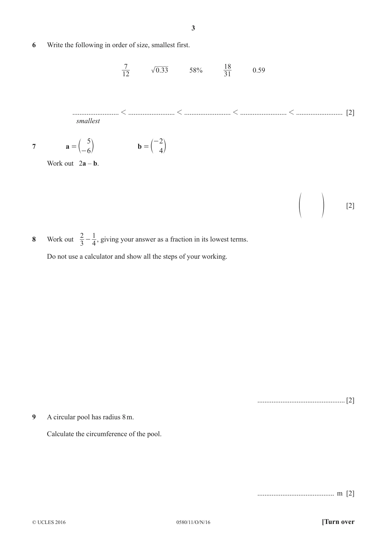 Cambridge IGCSE Mathematics 0580 2016 Oct/Nov Paper 1 · Variant 1 question paper, page 3 of 12