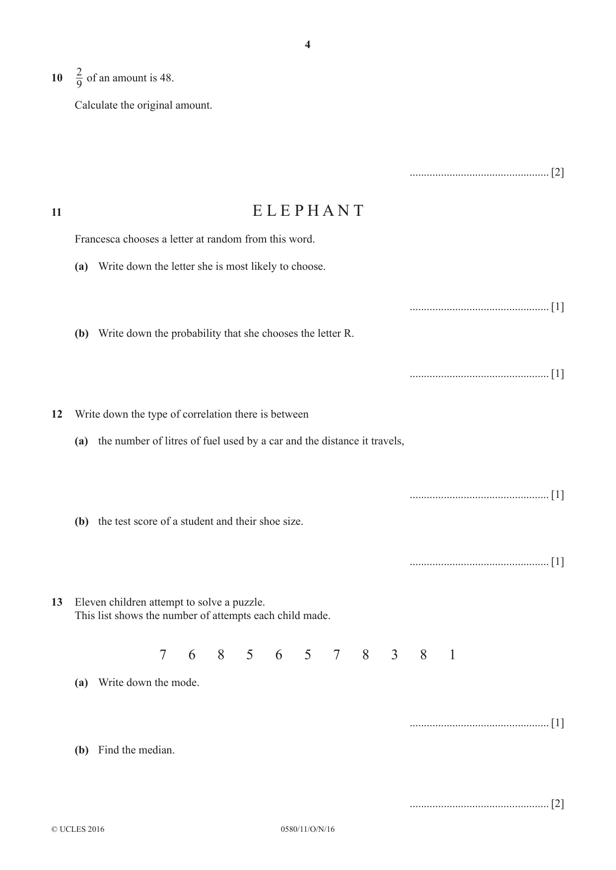 Cambridge IGCSE Mathematics 0580 2016 Oct/Nov Paper 1 · Variant 1 question paper, page 4 of 12