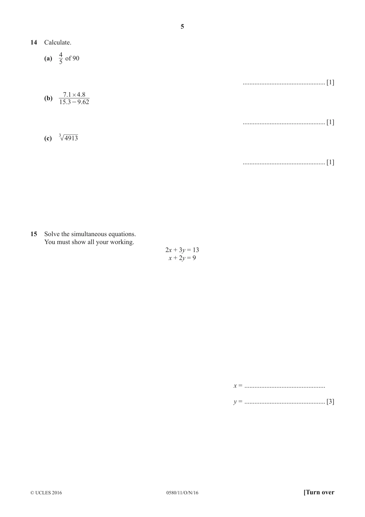 Cambridge IGCSE Mathematics 0580 2016 Oct/Nov Paper 1 · Variant 1 question paper, page 5 of 12