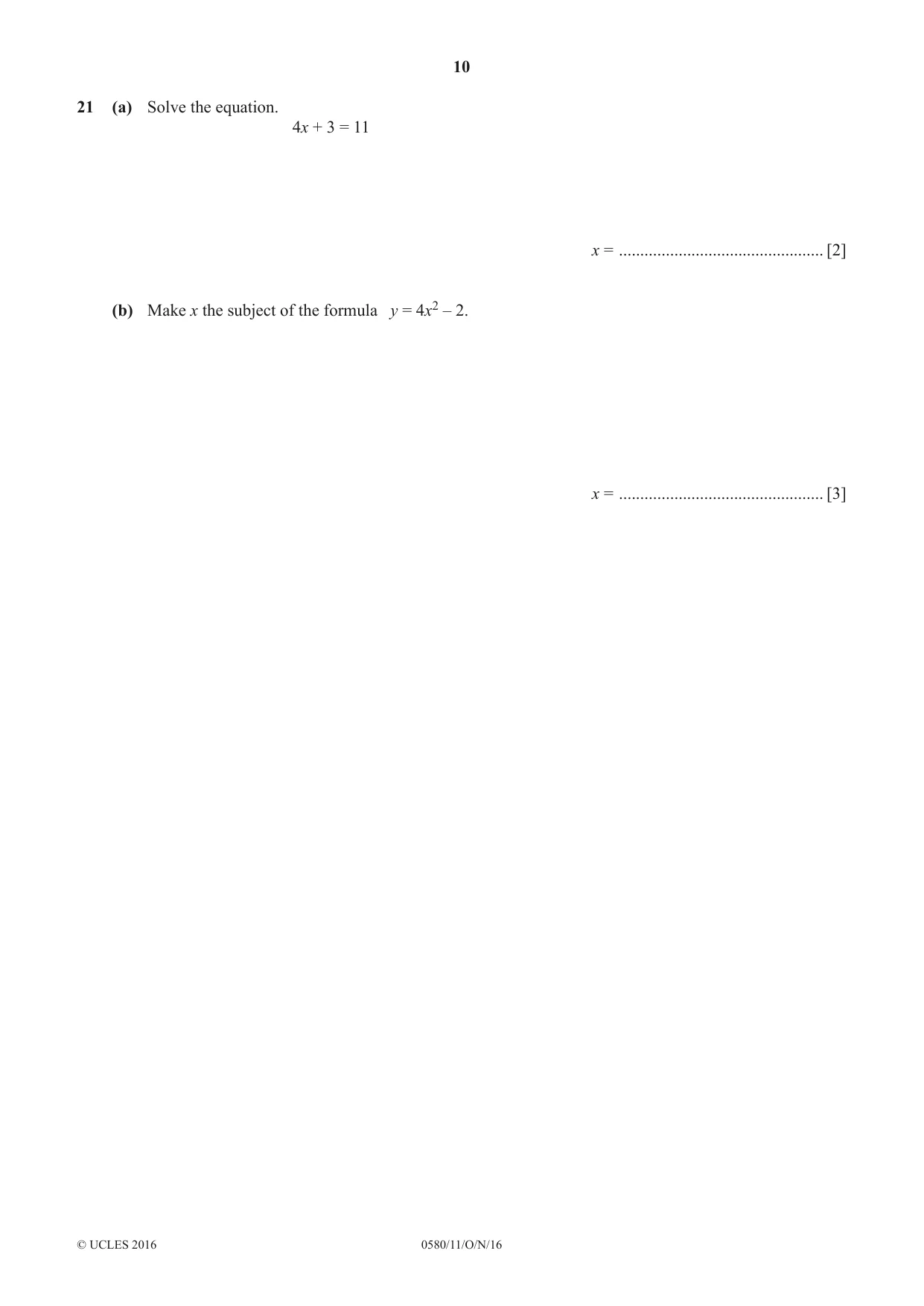 Cambridge IGCSE Mathematics 0580 2016 Oct/Nov Paper 1 · Variant 1 question paper, page 10 of 12