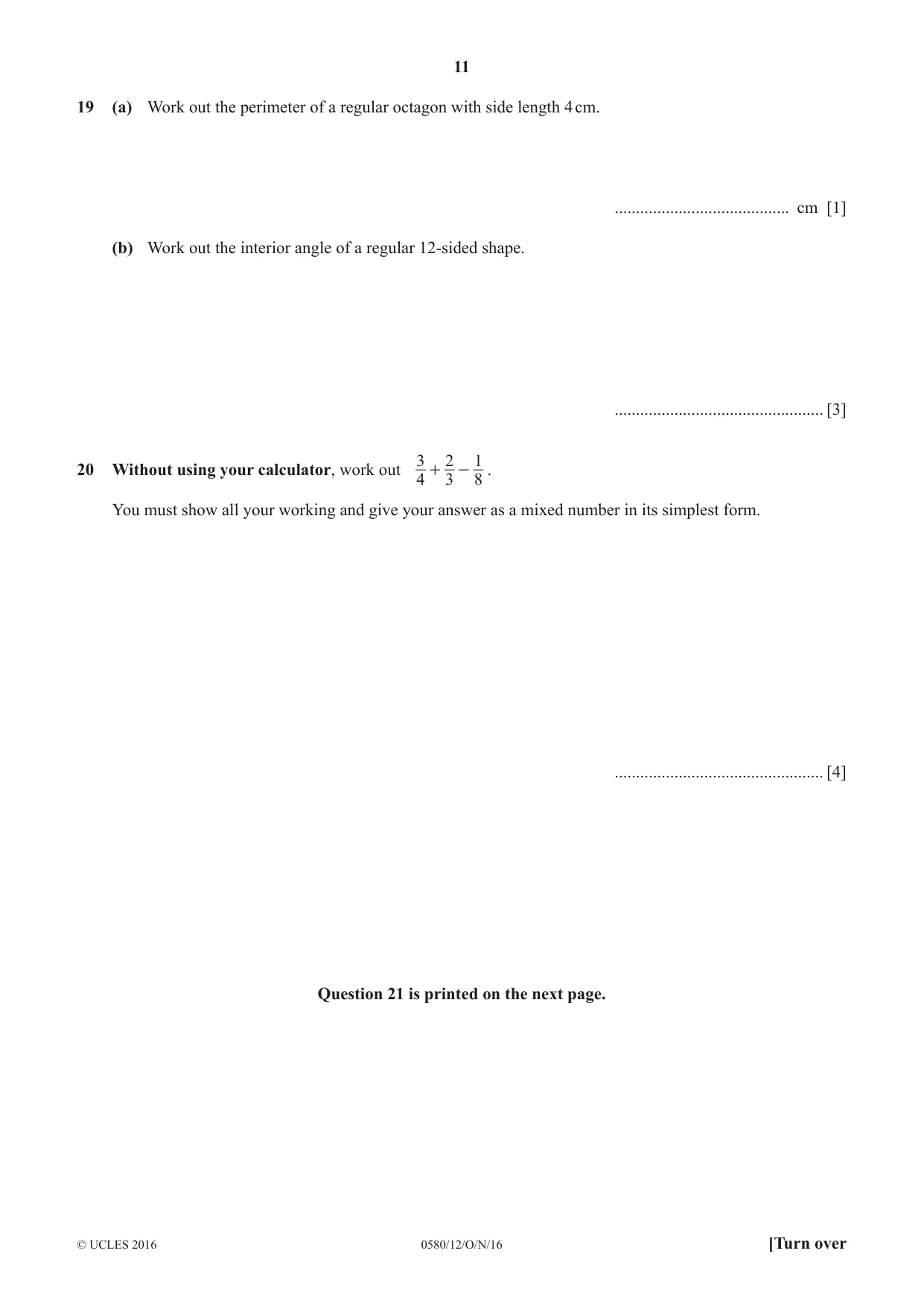 Cambridge IGCSE Mathematics 0580 2016 Oct/Nov Paper 1 · Variant 2 question paper, page 11 of 12