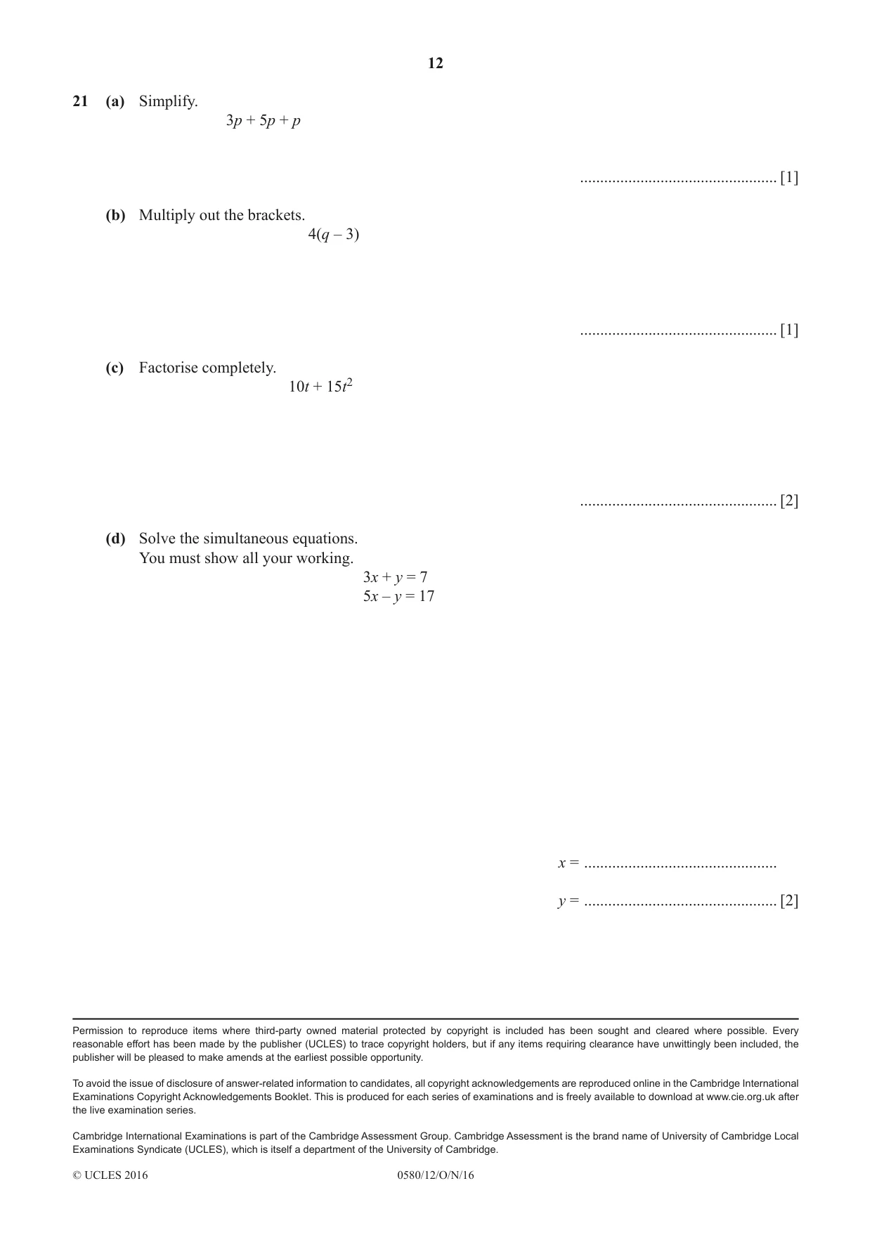 Cambridge IGCSE Mathematics 0580 2016 Oct/Nov Paper 1 · Variant 2 question paper, page 12 of 12