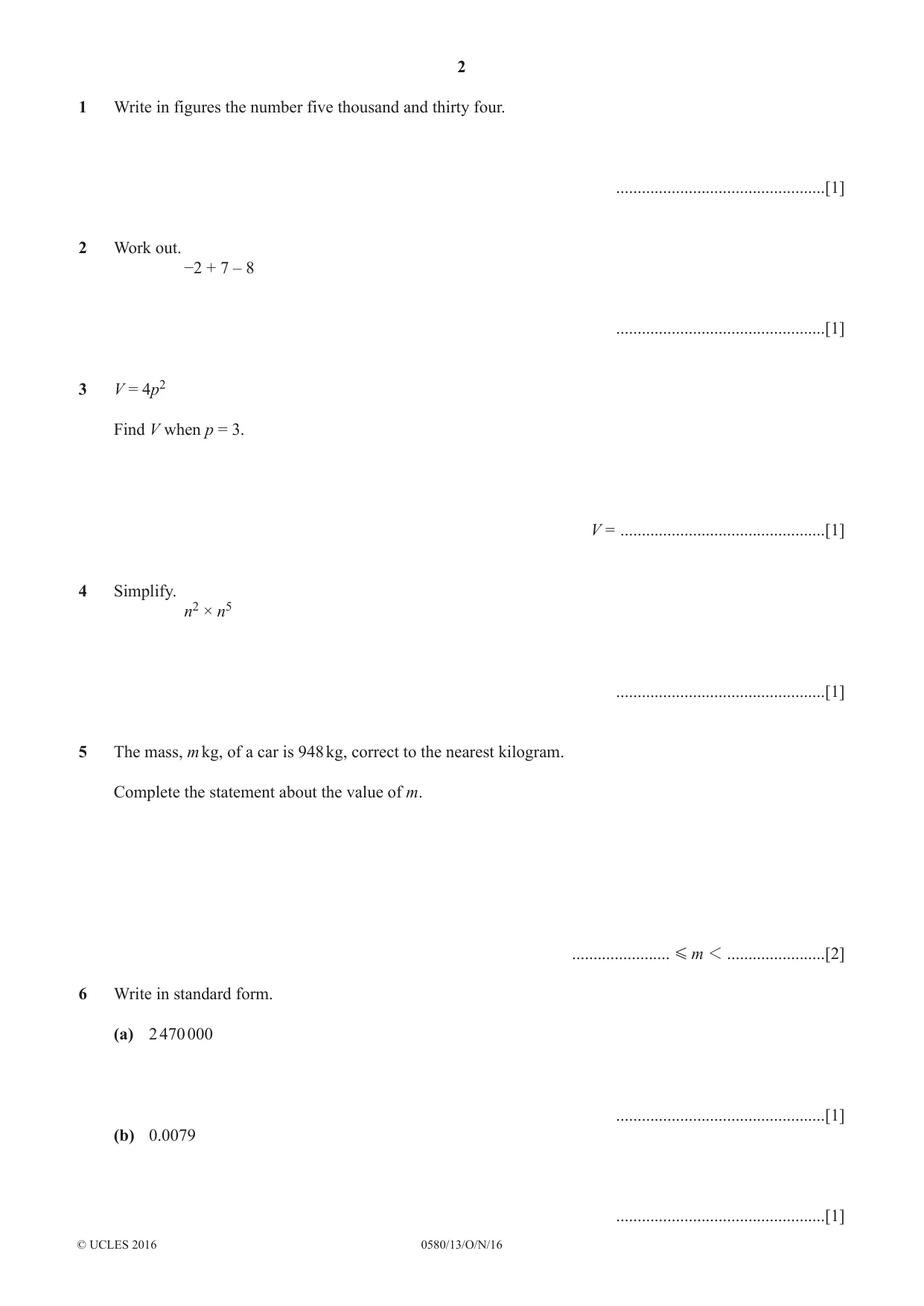 Cambridge IGCSE Mathematics 0580 2016 Oct/Nov Paper 1 · Variant 3 question paper, page 2 of 12